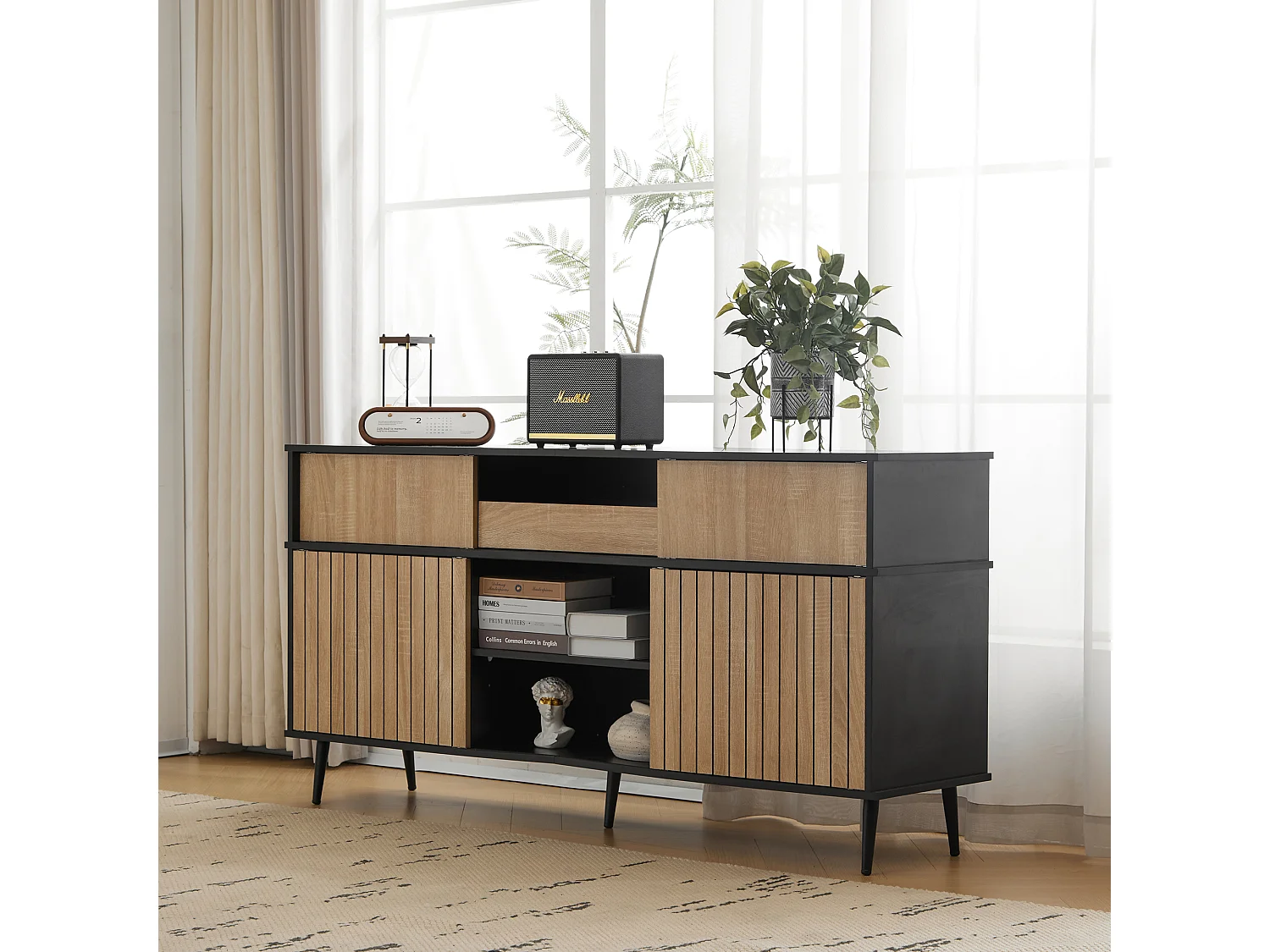 Commode avec 4 portes coulissantes et 1 tiroir - 160 L x 40 P x 80 H - Panneau de particules - Noir + Naturel