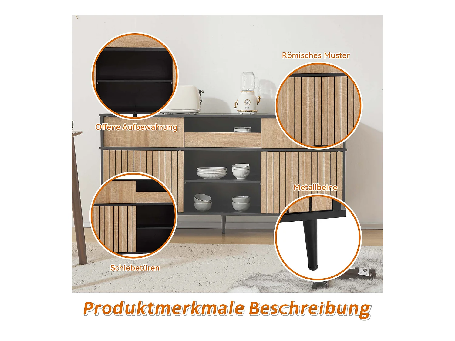 Commode avec 4 portes coulissantes et 1 tiroir - 160 L x 40 P x 80 H - Panneau de particules - Noir + Naturel
