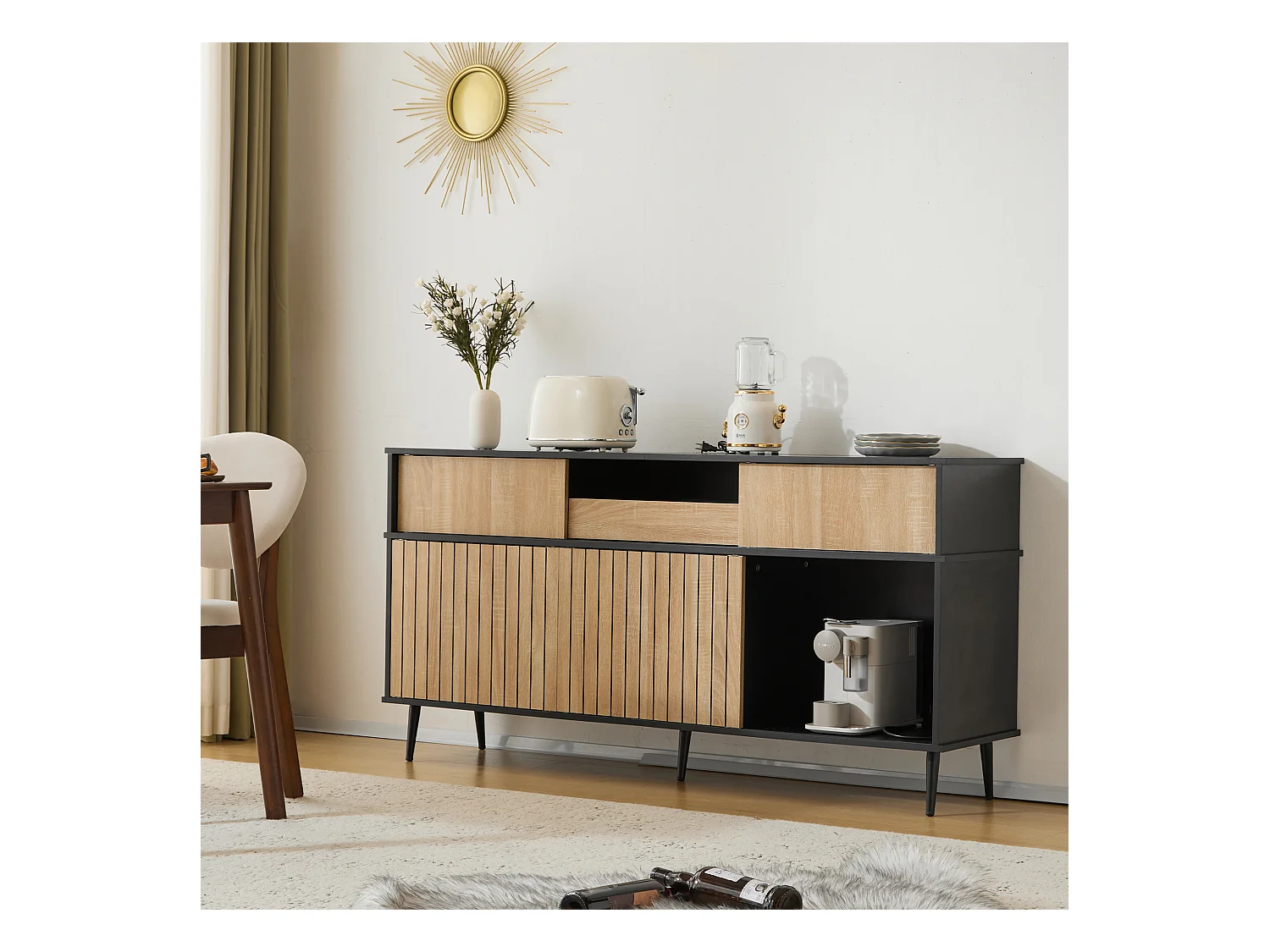 Commode avec 4 portes coulissantes et 1 tiroir - 160 L x 40 P x 80 H - Panneau de particules - Noir + Naturel