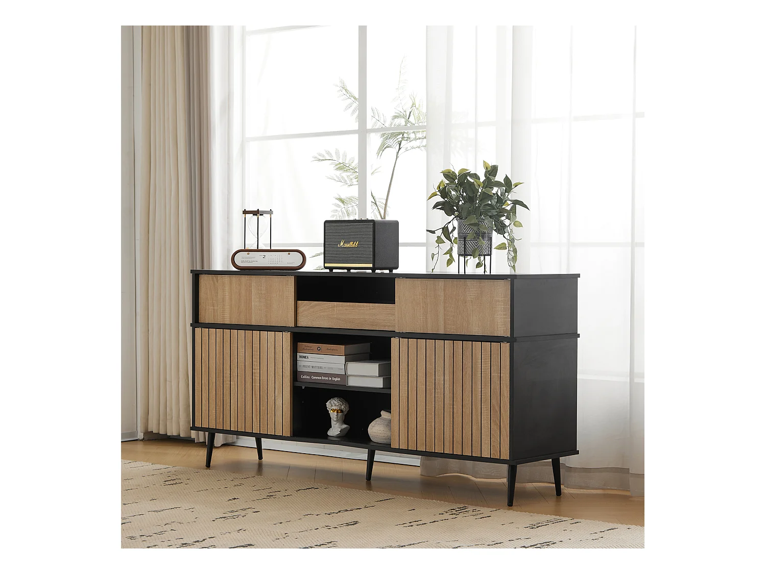Commode avec 4 portes coulissantes et 1 tiroir - 160 L x 40 P x 80 H - Panneau de particules - Noir + Naturel
