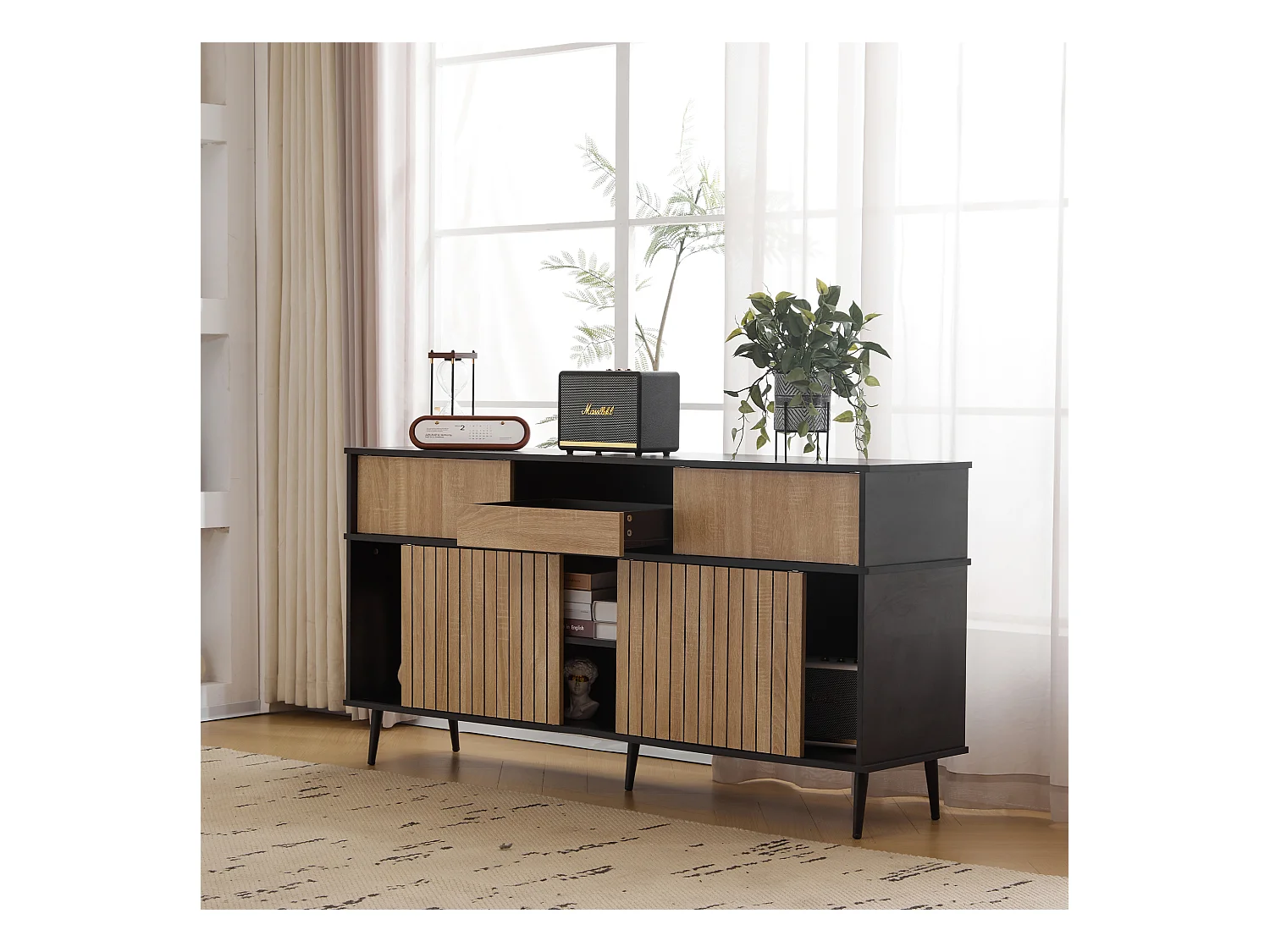 Commode avec 4 portes coulissantes et 1 tiroir - 160 L x 40 P x 80 H - Panneau de particules - Noir + Naturel