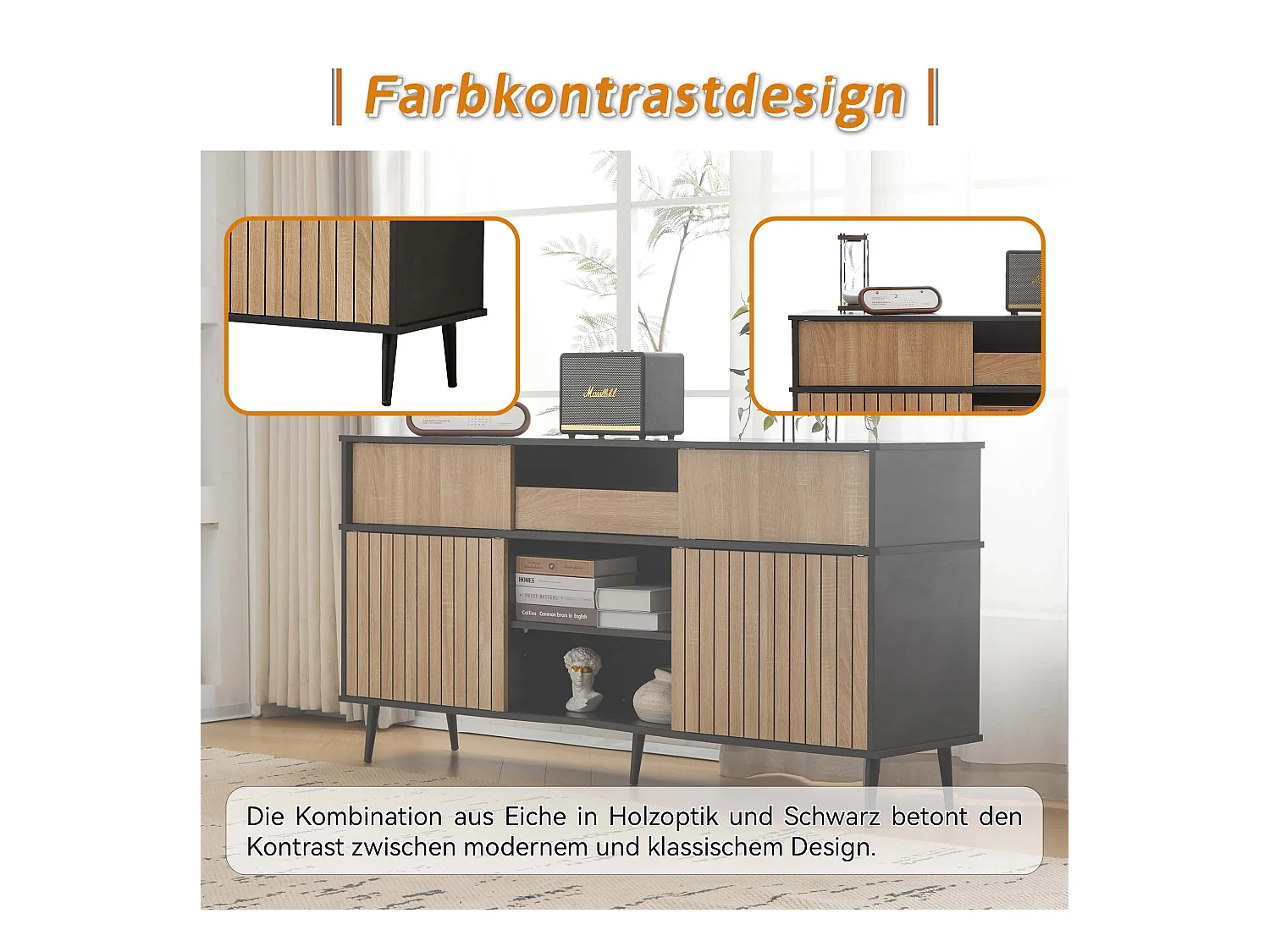 Commode avec 4 portes coulissantes et 1 tiroir - 160 L x 40 P x 80 H - Panneau de particules - Noir + Naturel