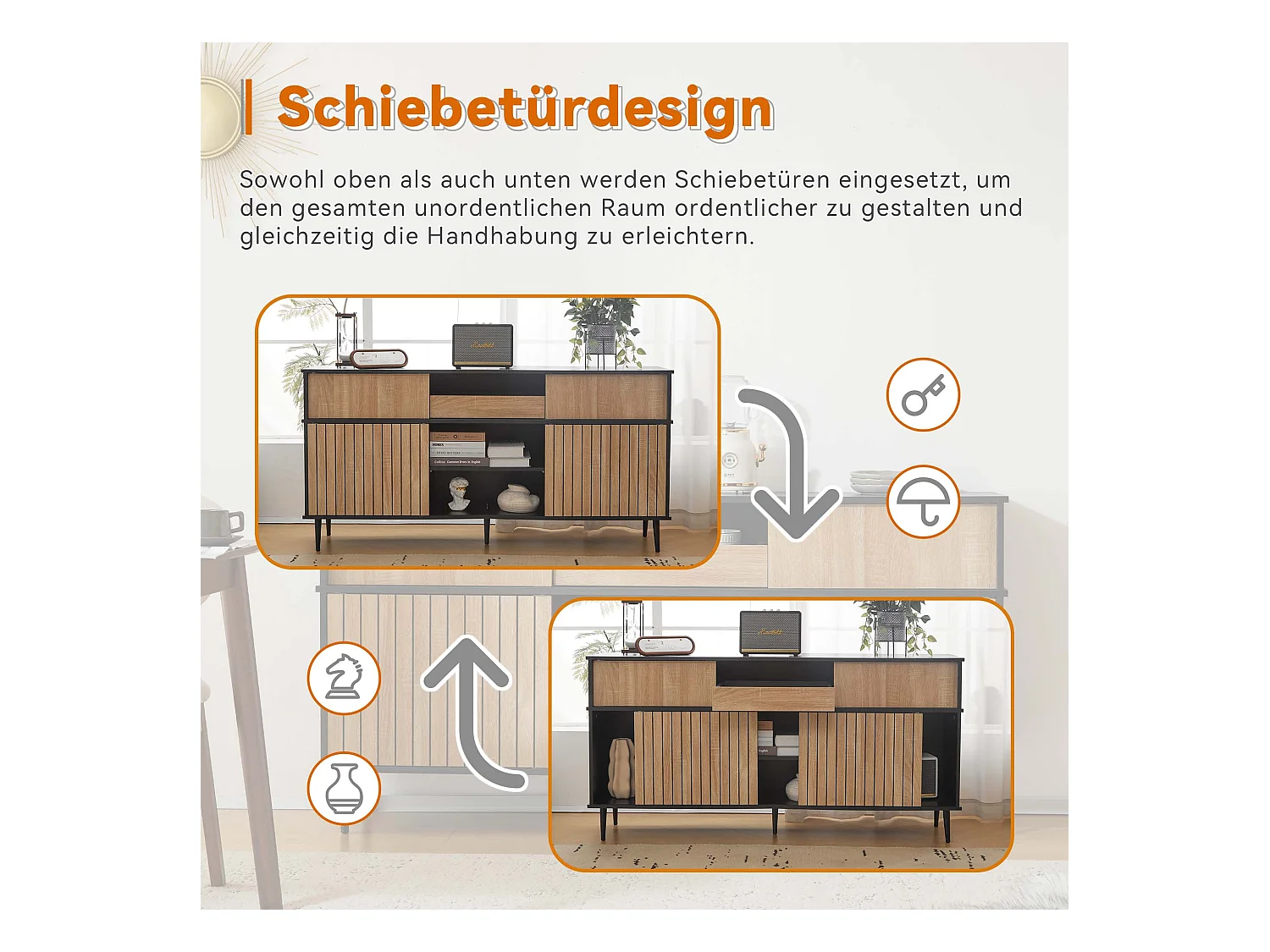 Commode avec 4 portes coulissantes et 1 tiroir - 160 L x 40 P x 80 H - Panneau de particules - Noir + Naturel