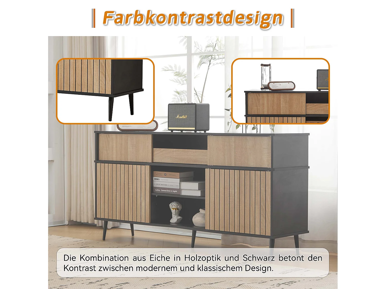 Commode avec 4 portes coulissantes et 1 tiroir - 160 L x 40 P x 80 H - Panneau de particules - Noir + Naturel