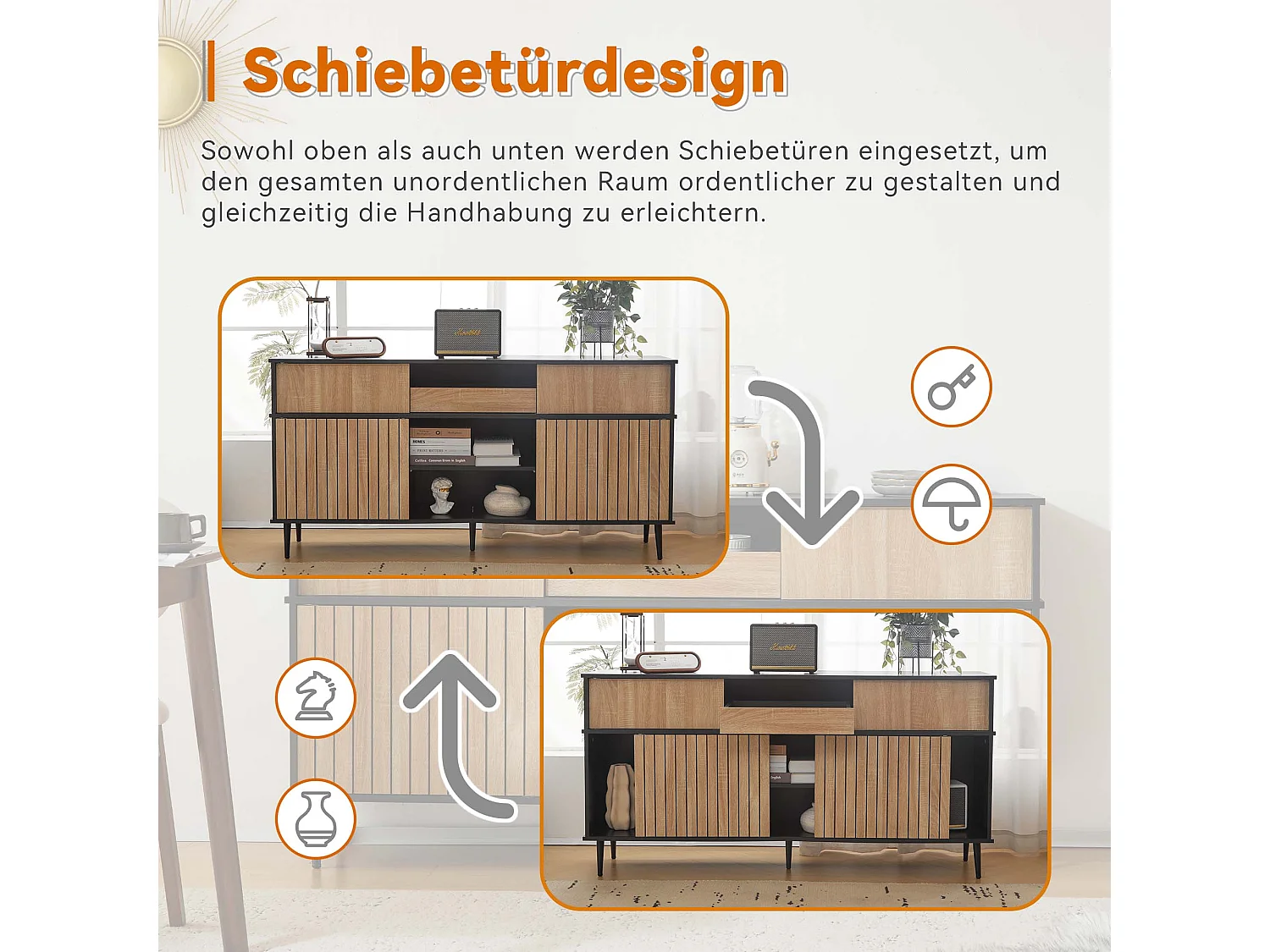 Commode avec 4 portes coulissantes et 1 tiroir - 160 L x 40 P x 80 H - Panneau de particules - Noir + Naturel