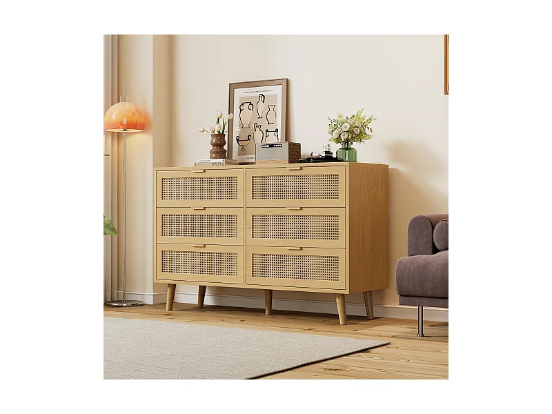 Kommode mit 6 Rattanschubladen – 120 x 40 x 76,5 cm – Spanplatte + Metallgriffe – Eiche