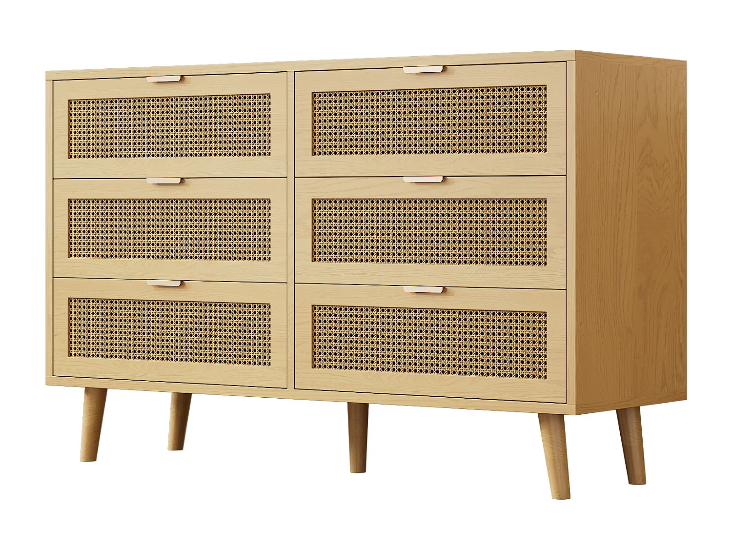 Commode avec 6 tiroirs en rotin - 120 x 40 x 76.5 cm - Panneau de particules + poignées en métal - Chêne