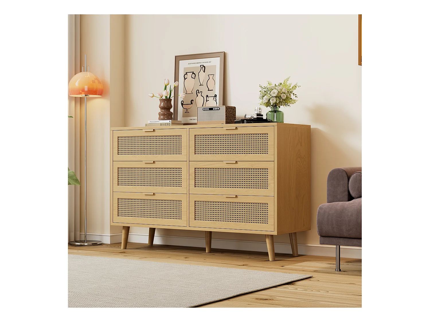 Commode avec 6 tiroirs en rotin - 120 x 40 x 76.5 cm - Panneau de particules + poignées en métal - Chêne
