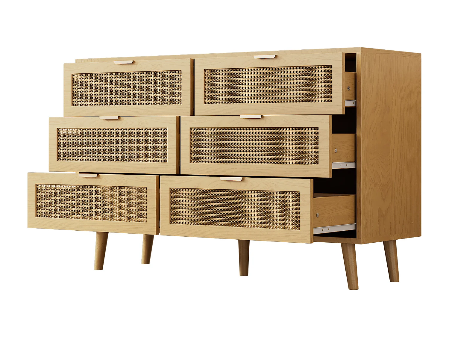 Kommode mit 6 Rattanschubladen – 120 x 40 x 76,5 cm – Spanplatte + Metallgriffe – Eiche