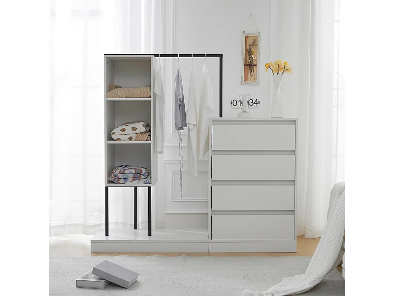 Kleiderschrank mit 4 Schubladen und 3 Ablageböden – 140 x 40 x 135 cm – Kleiderstange – Spanplatte – Weiß