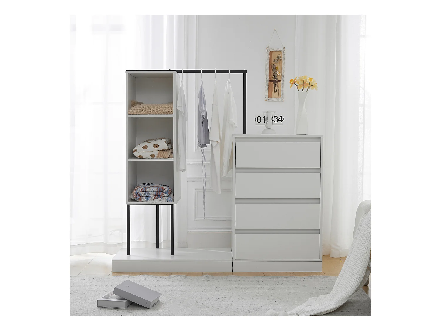 Armoire avec 4 tiroirs et 3 étagères de rangement - 140 x 40 x 135 cm - Tringle à vêtements - Panneau de particules - Blanc