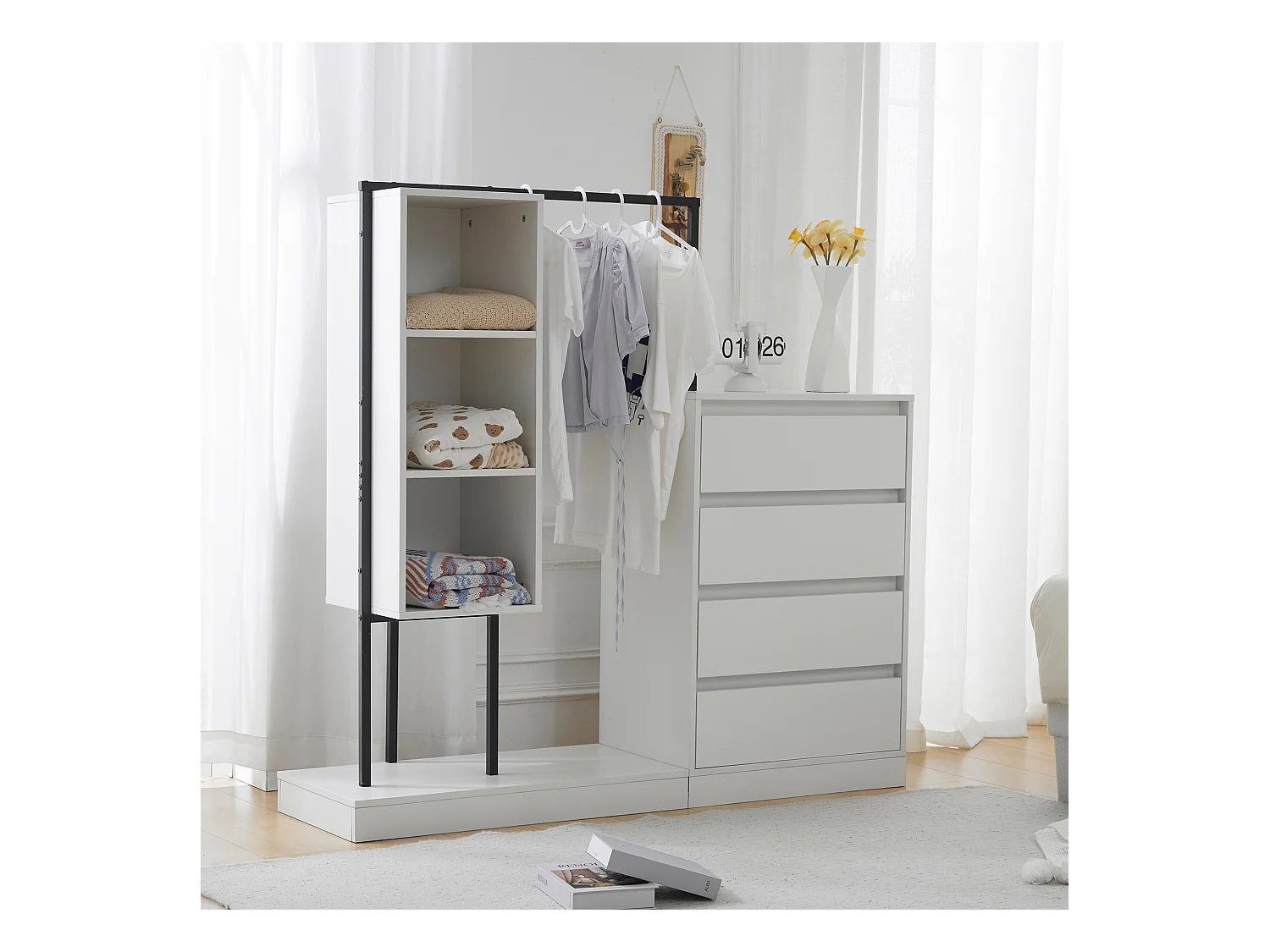 Armoire avec 4 tiroirs et 3 étagères de rangement - 140 x 40 x 135 cm - Tringle à vêtements - Panneau de particules - Blanc