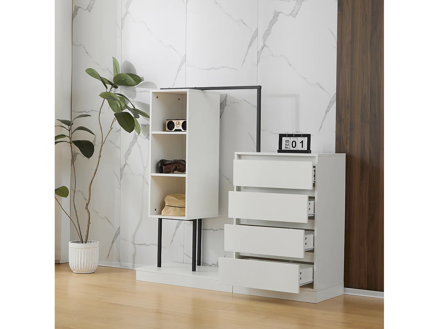Armoire avec 4 tiroirs et 3 étagères de rangement - 140 x 40 x 135 cm - Tringle à vêtements - Panneau de particules - Blanc