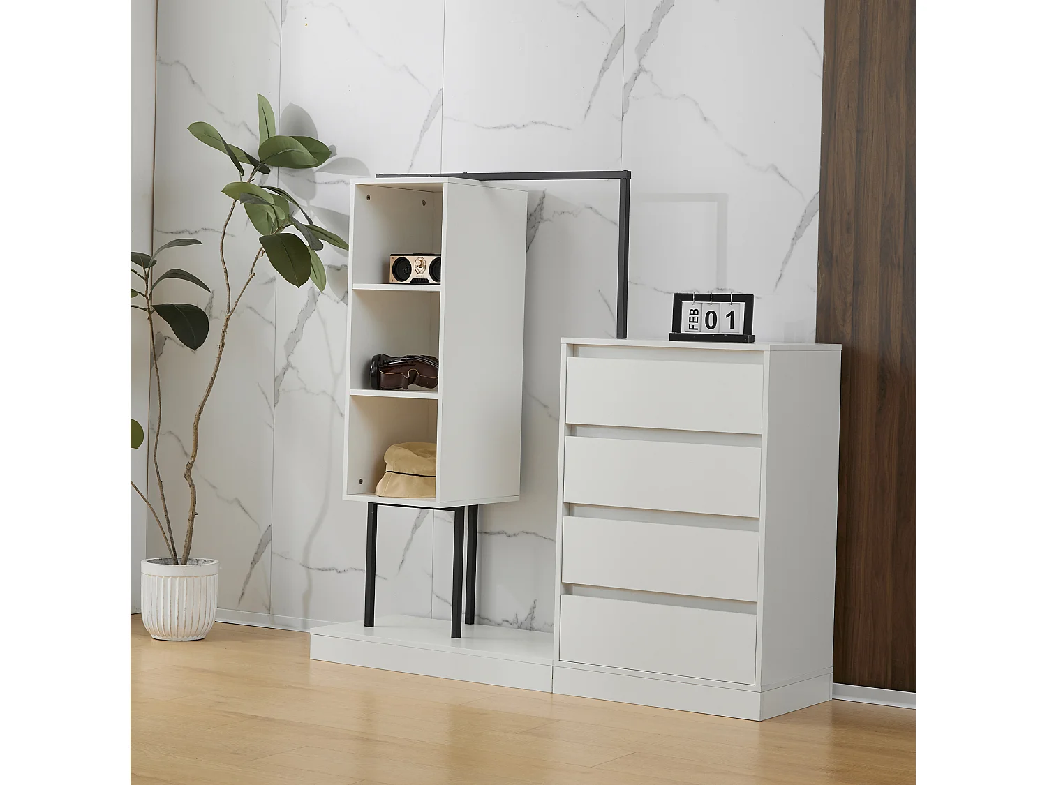 Armoire avec 4 tiroirs et 3 étagères de rangement - 140 x 40 x 135 cm - Tringle à vêtements - Panneau de particules - Blanc