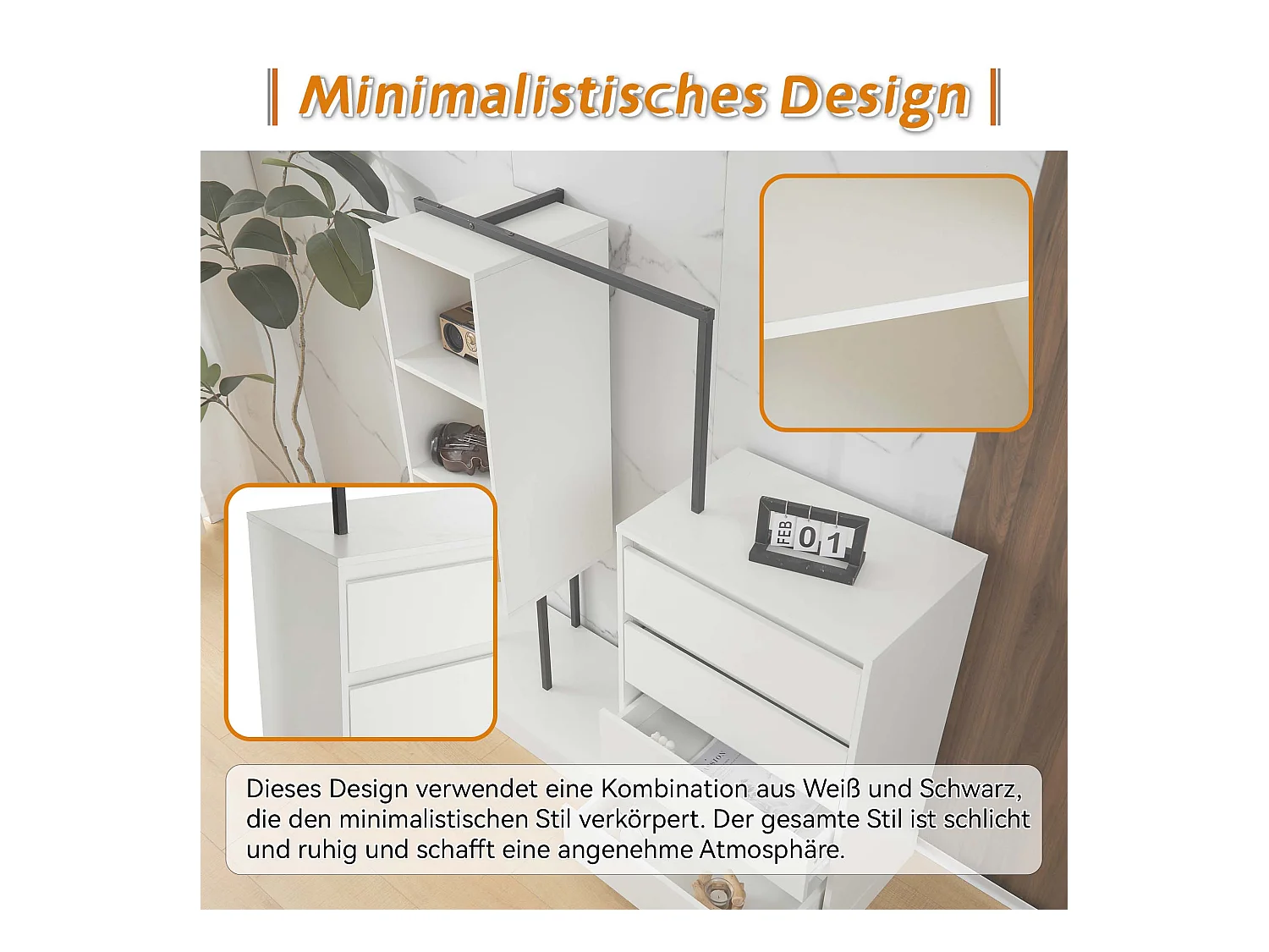 Armoire avec 4 tiroirs et 3 étagères de rangement - 140 x 40 x 135 cm - Tringle à vêtements - Panneau de particules - Blanc