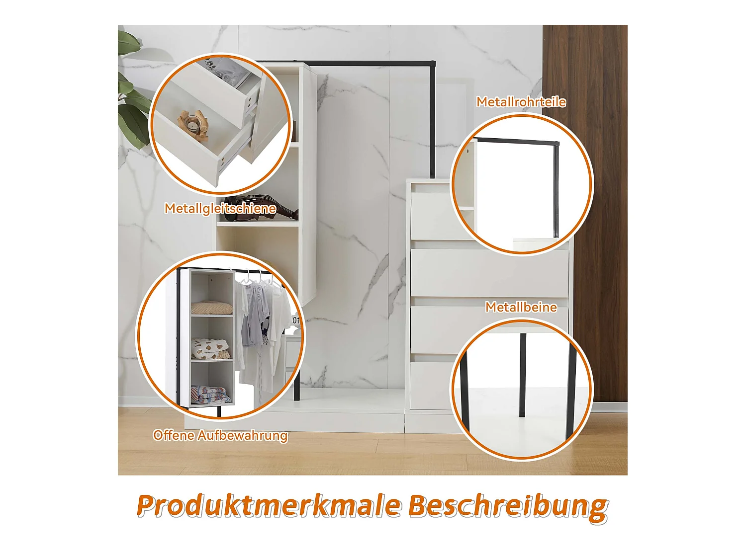 Armoire avec 4 tiroirs et 3 étagères de rangement - 140 x 40 x 135 cm - Tringle à vêtements - Panneau de particules - Blanc