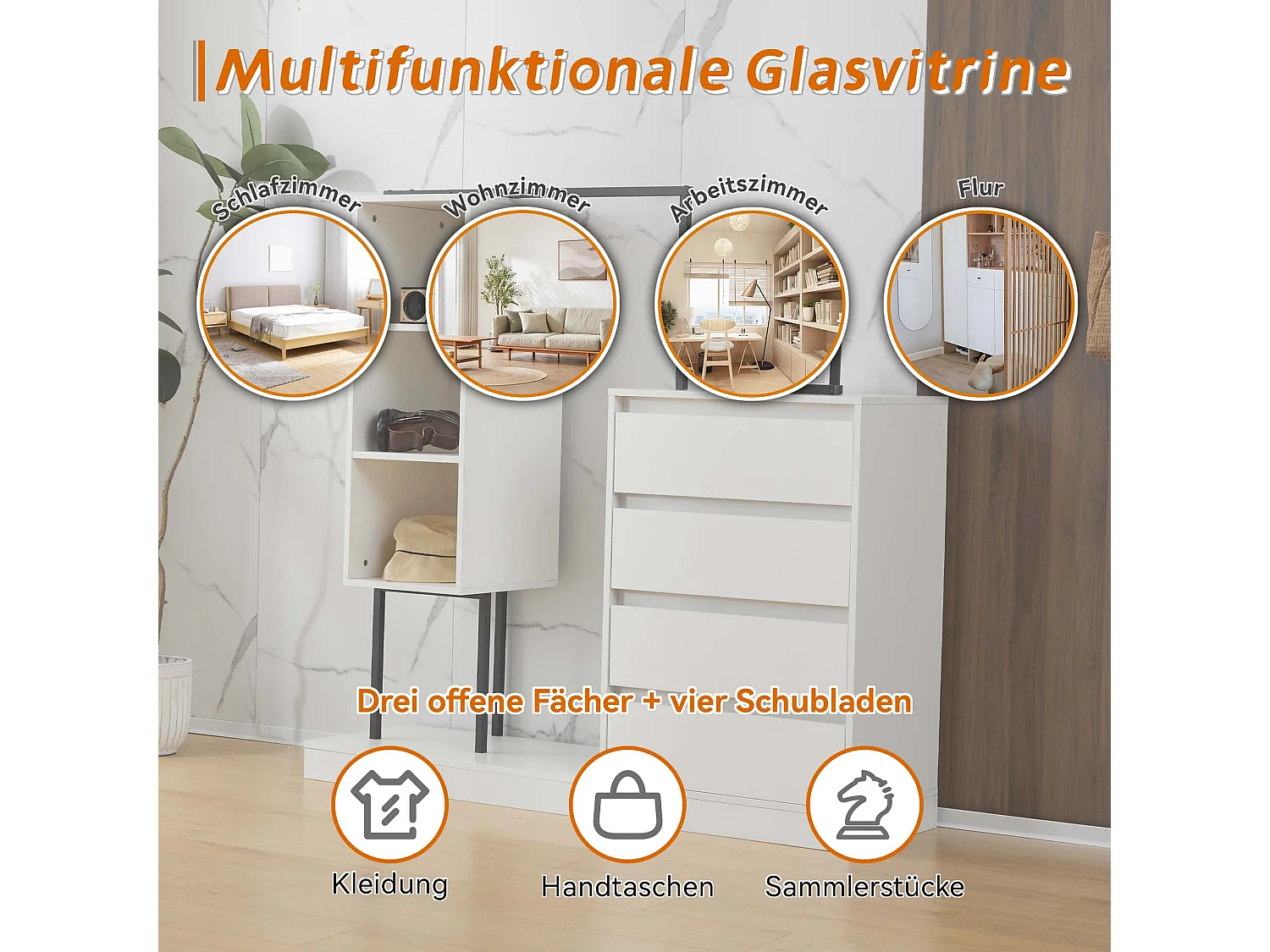 Armoire avec 4 tiroirs et 3 étagères de rangement - 140 x 40 x 135 cm - Tringle à vêtements - Panneau de particules - Blanc