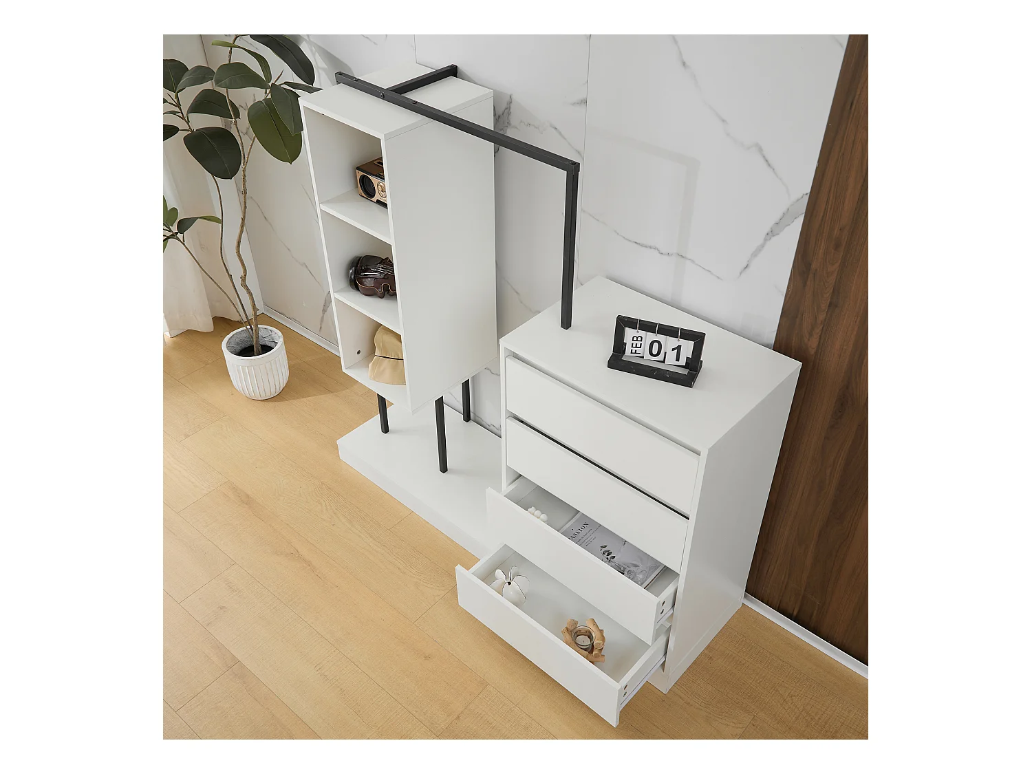 Armadio con 4 cassetti e 3 ripiani portaoggetti - 140 x 40 x 135 cm - Bastone appendiabiti - Truciolare - Bianco