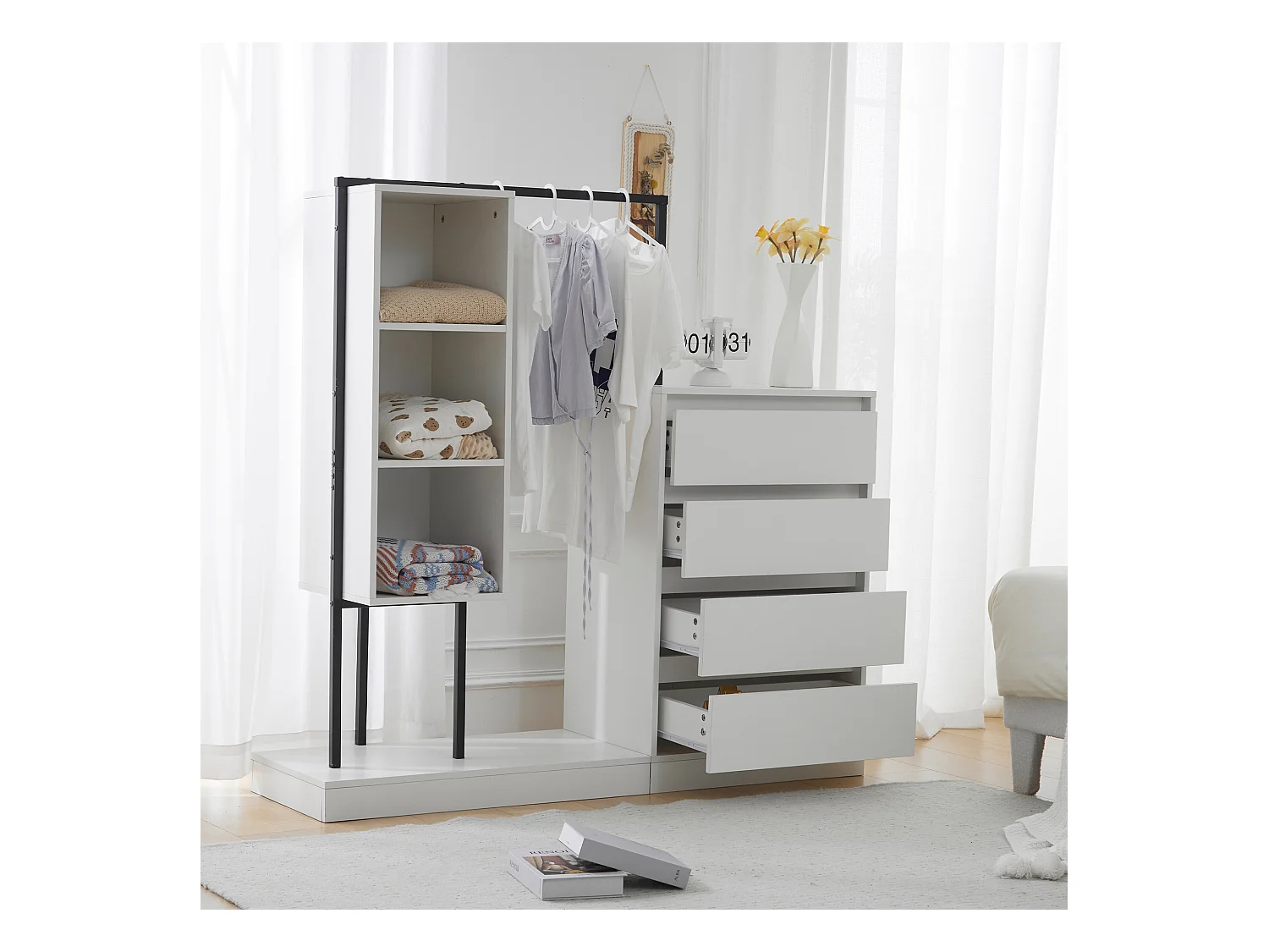 Armadio con 4 cassetti e 3 ripiani portaoggetti - 140 x 40 x 135 cm - Bastone appendiabiti - Truciolare - Bianco