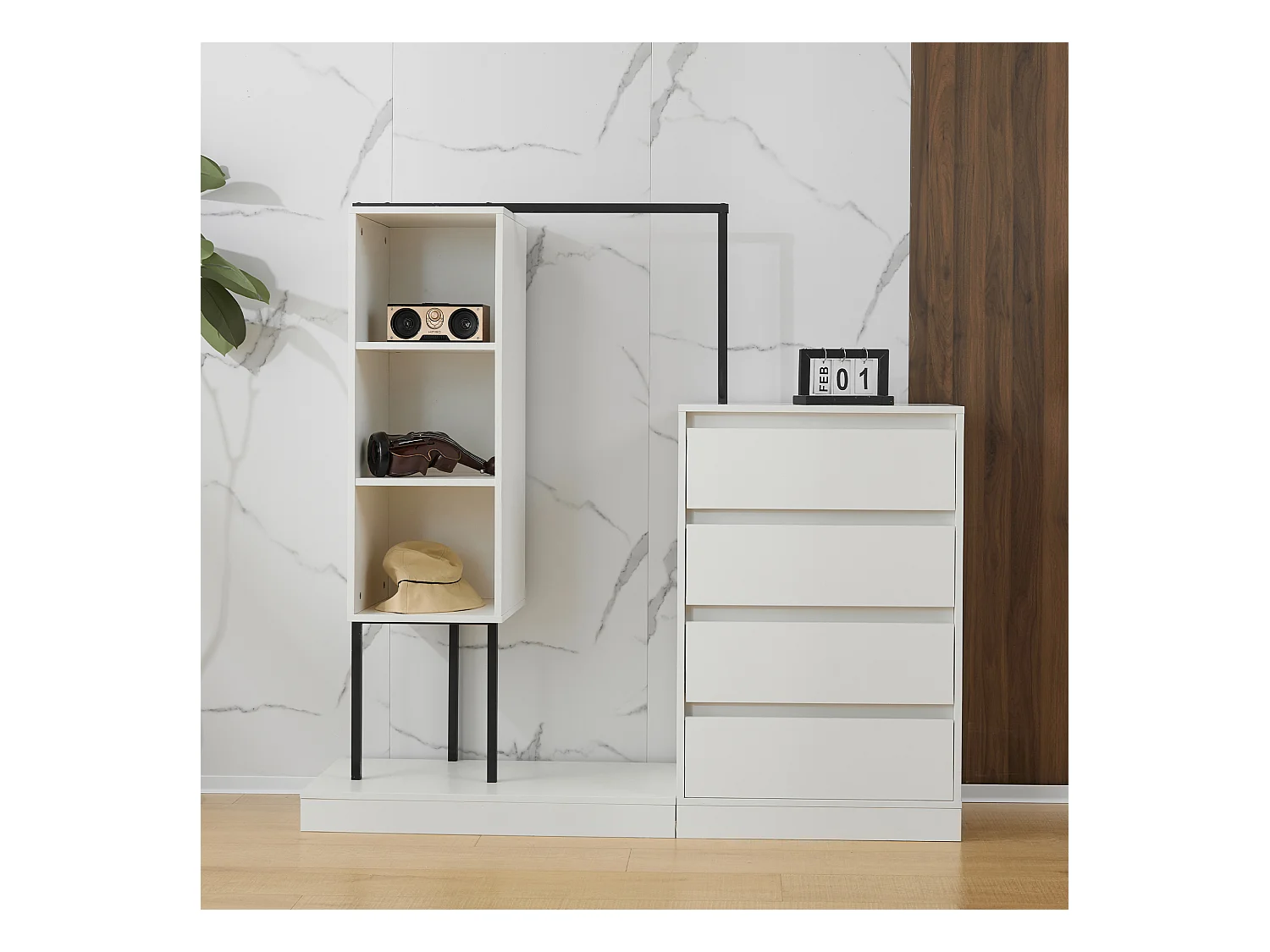 Armadio con 4 cassetti e 3 ripiani portaoggetti - 140 x 40 x 135 cm - Bastone appendiabiti - Truciolare - Bianco