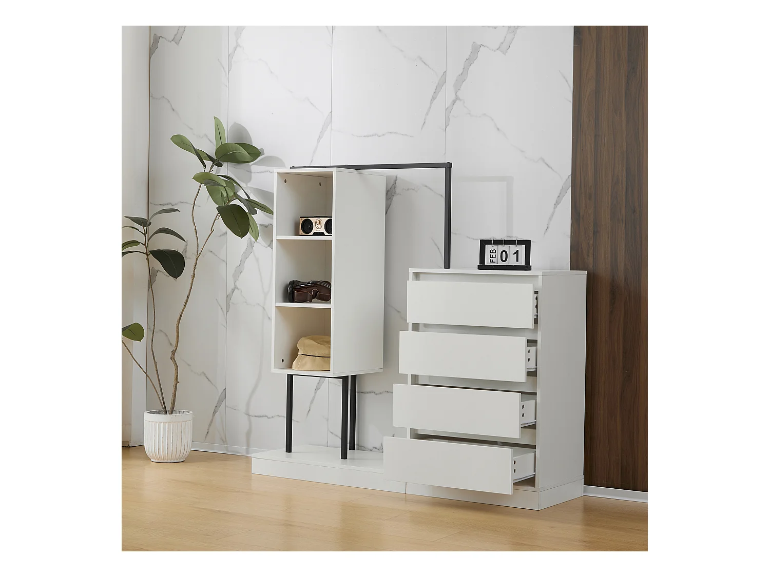 Armadio con 4 cassetti e 3 ripiani portaoggetti - 140 x 40 x 135 cm - Bastone appendiabiti - Truciolare - Bianco