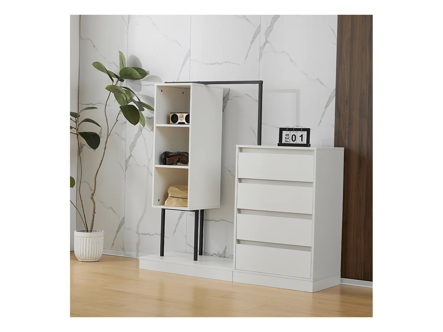 Armadio con 4 cassetti e 3 ripiani portaoggetti - 140 x 40 x 135 cm - Bastone appendiabiti - Truciolare - Bianco