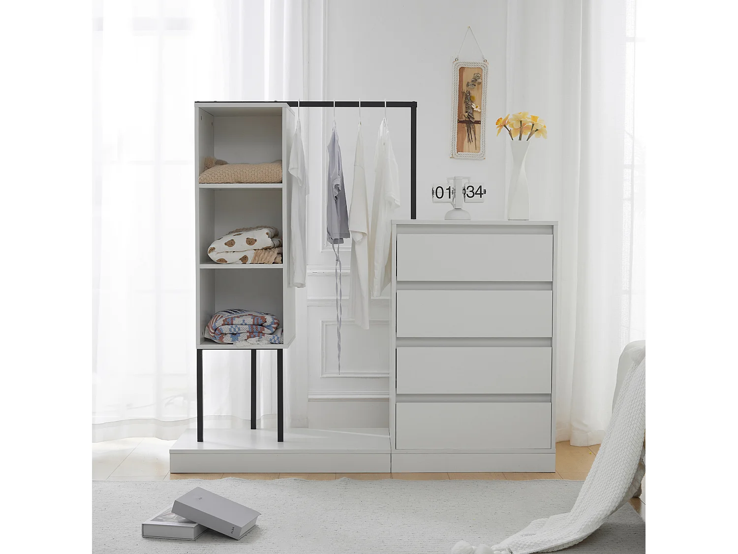 Armoire avec 4 tiroirs et 3 étagères de rangement - 140 x 40 x 135 cm - Tringle à vêtements - Panneau de particules - Blanc