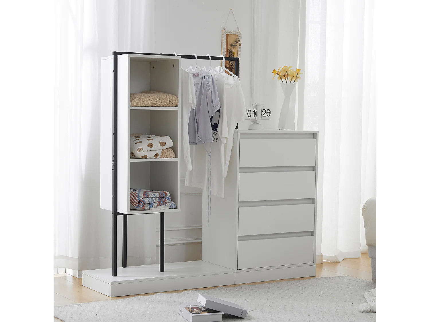 Armoire avec 4 tiroirs et 3 étagères de rangement - 140 x 40 x 135 cm - Tringle à vêtements - Panneau de particules - Blanc