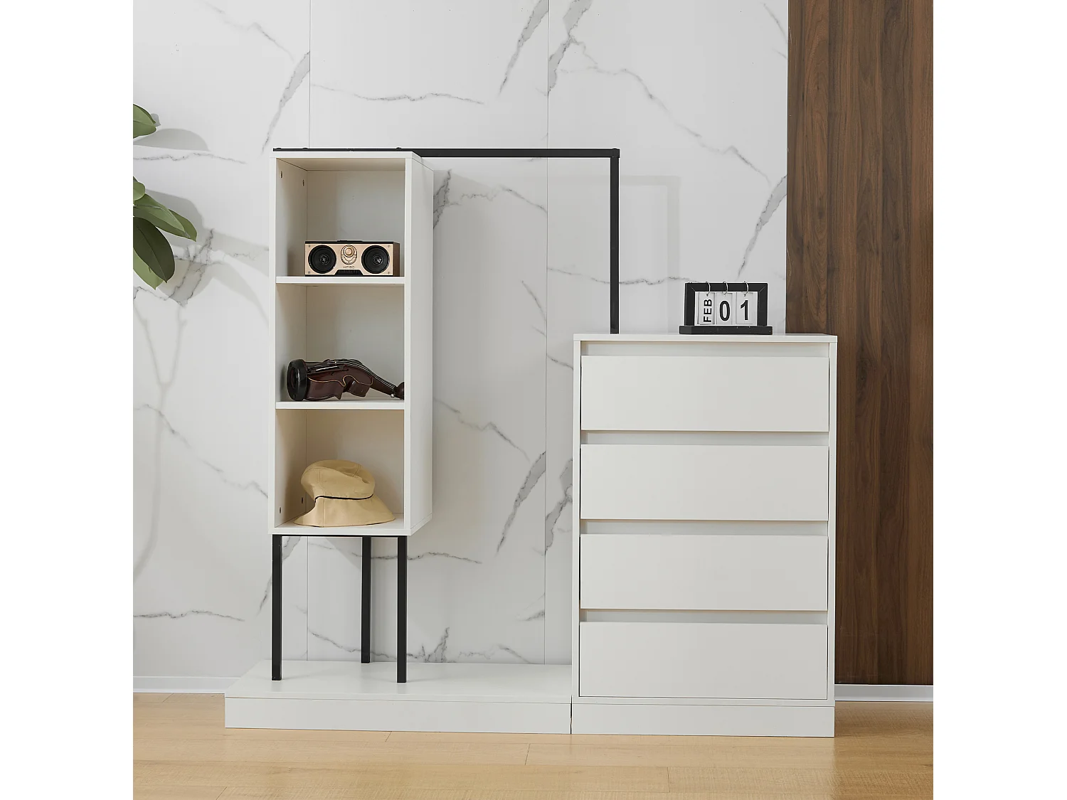 Armoire avec 4 tiroirs et 3 étagères de rangement - 140 x 40 x 135 cm - Tringle à vêtements - Panneau de particules - Blanc
