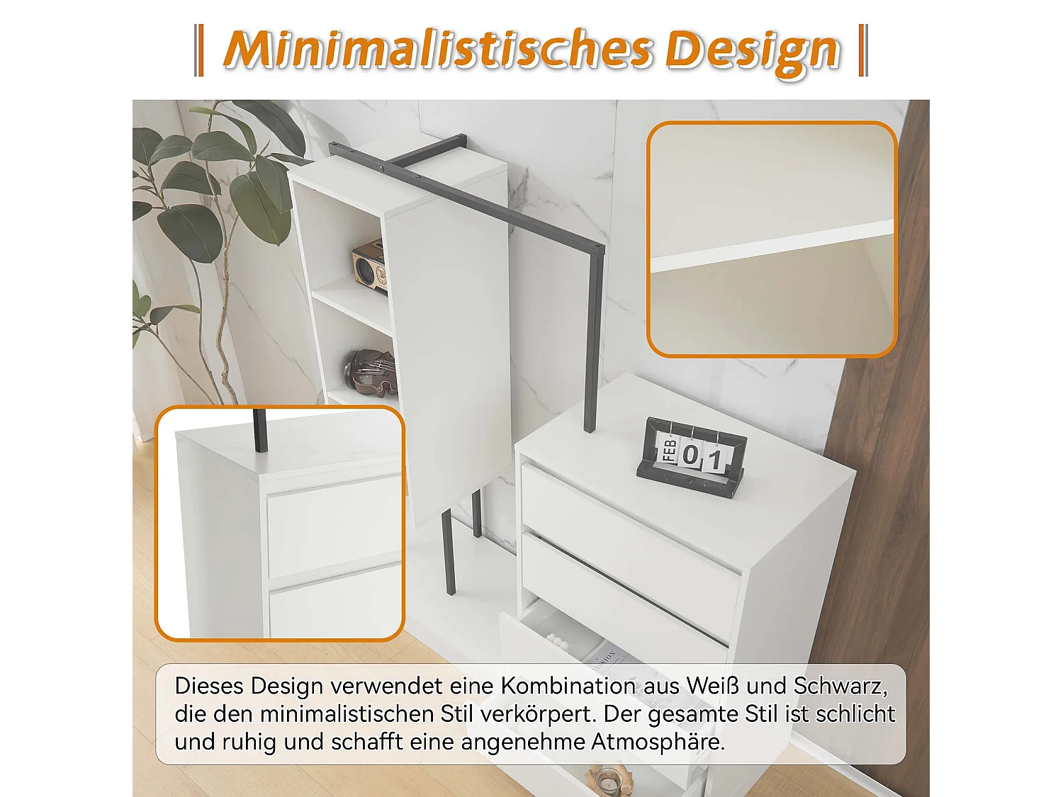 Armoire avec 4 tiroirs et 3 étagères de rangement - 140 x 40 x 135 cm - Tringle à vêtements - Panneau de particules - Blanc