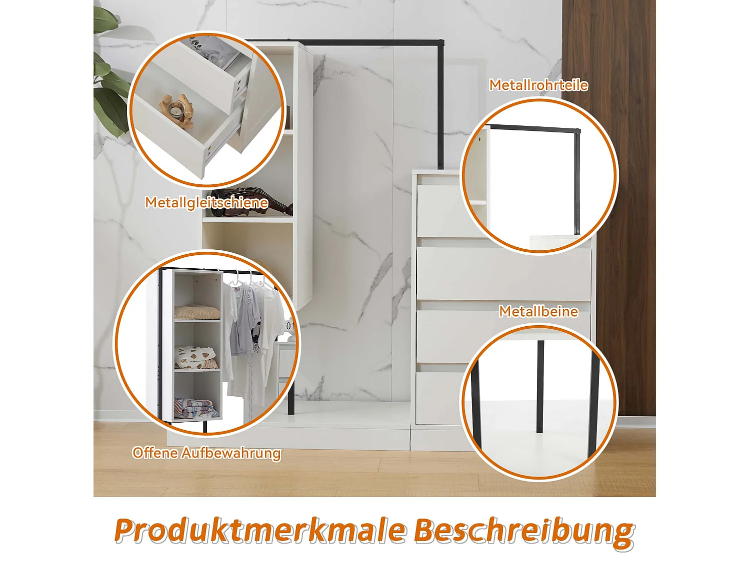 Armoire avec 4 tiroirs et 3 étagères de rangement - 140 x 40 x 135 cm - Tringle à vêtements - Panneau de particules - Blanc