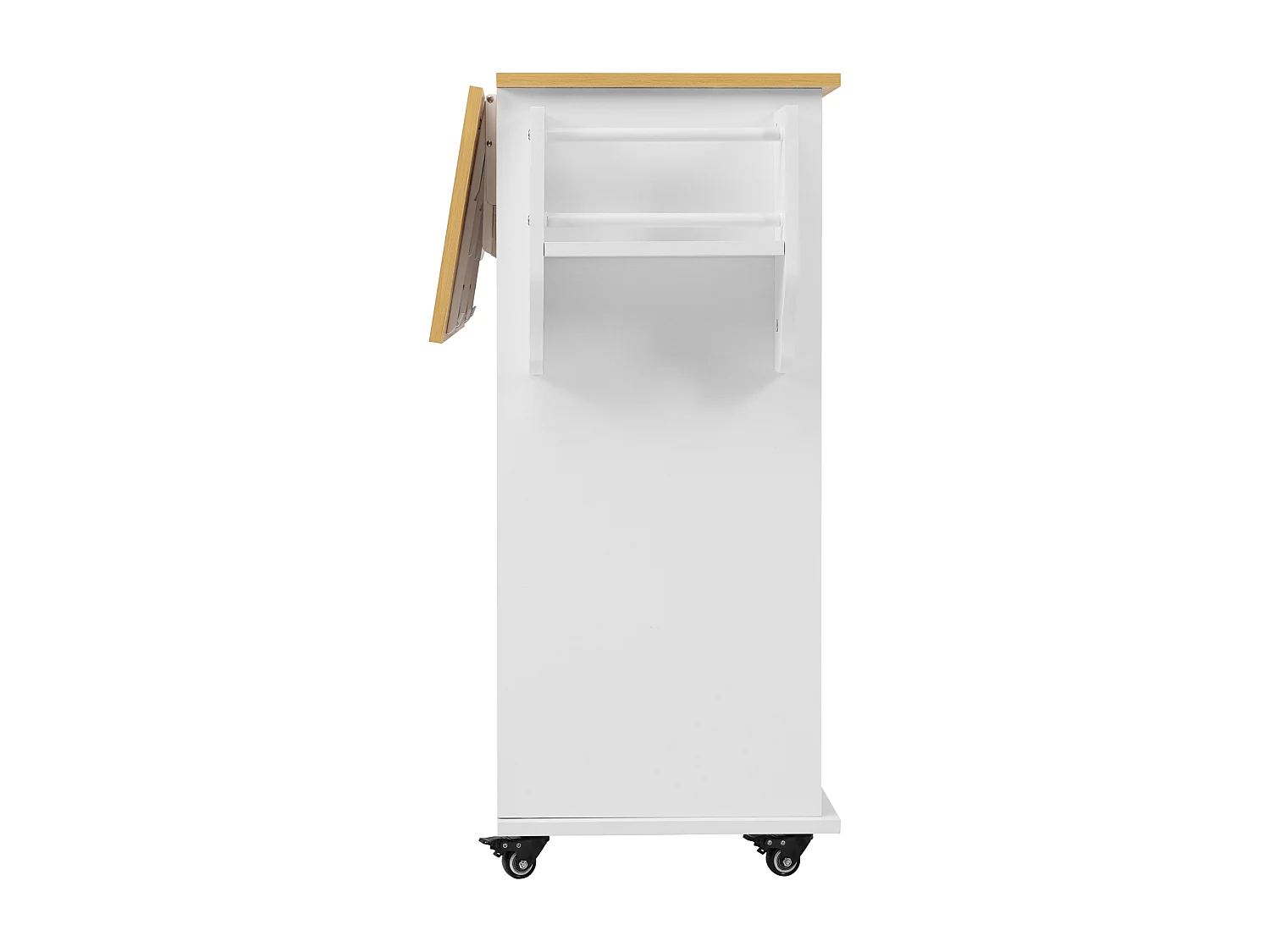 Isla de cocina móvil central con 2 puertas correderas - encimera extensible - 112x40(70)x94 cm - Madera MDF + metal - Blanco y madera