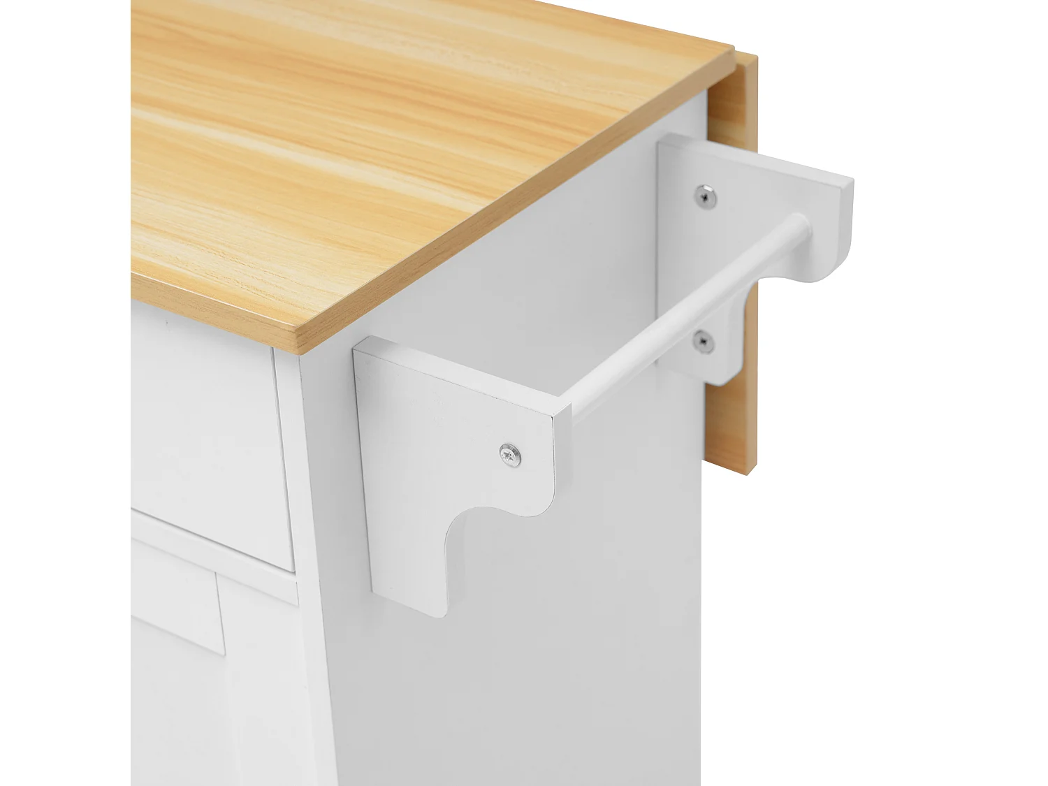 Isla de cocina móvil central con 2 puertas correderas - encimera extensible - 112x40(70)x94 cm - Madera MDF + metal - Blanco y madera