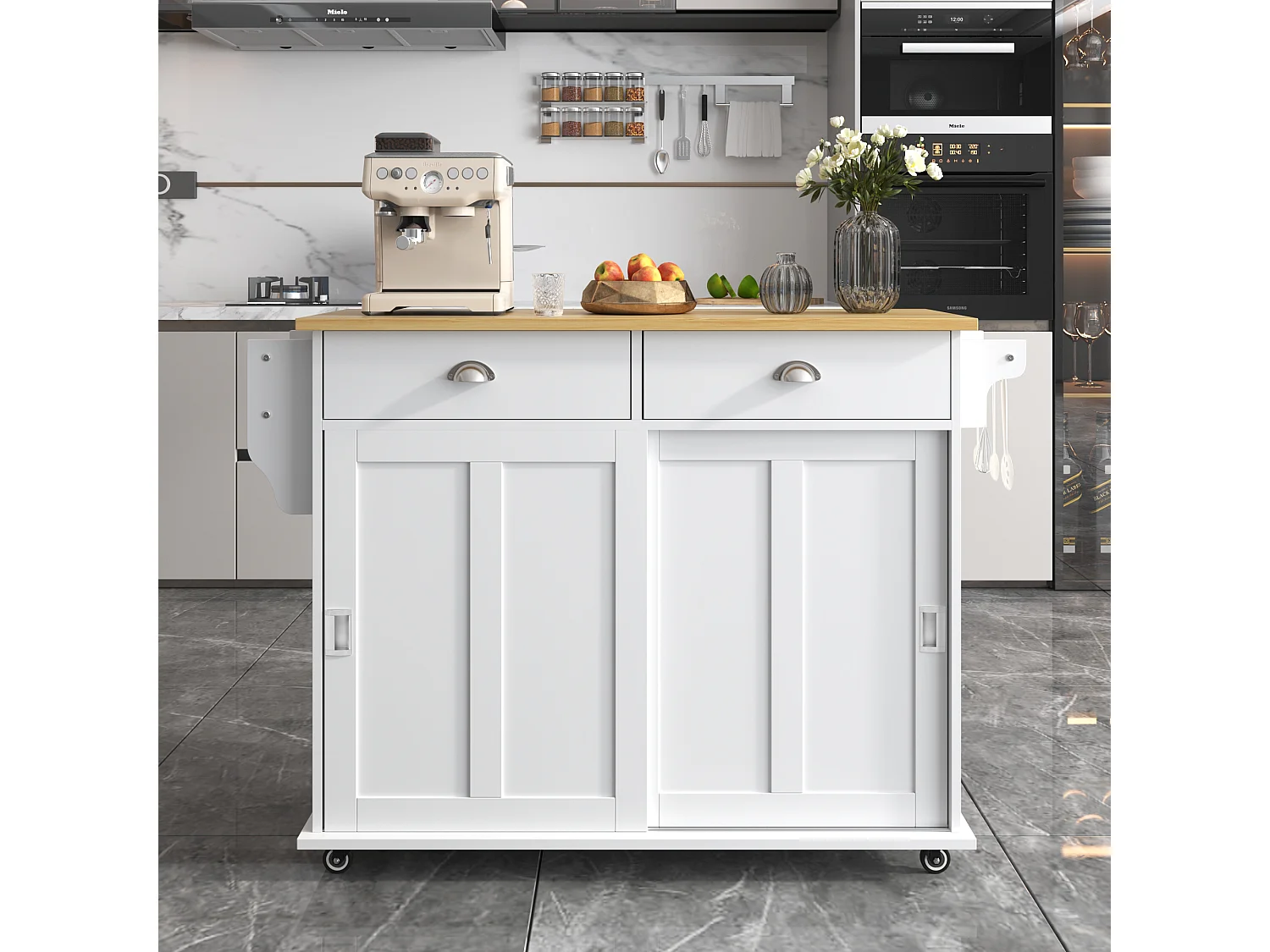 Isola cucina mobile centrale con 2 ante scorrevoli - piano allungabile - 112x40(70)x94 cm - Legno MDF + metallo - Bianco e legno