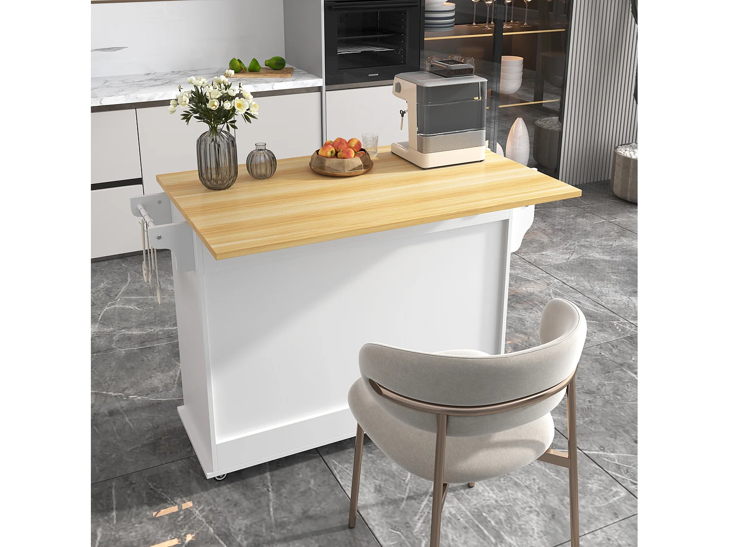 Isola cucina mobile centrale con 2 ante scorrevoli - piano allungabile - 112x40(70)x94 cm - Legno MDF + metallo - Bianco e legno