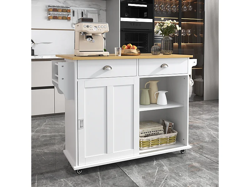 Ilot central de cuisine mobile avec 2 portes coulissantes - plateau extensible - 112x40(70)x94 cm - Bois MDF + métal - Blanc et bois