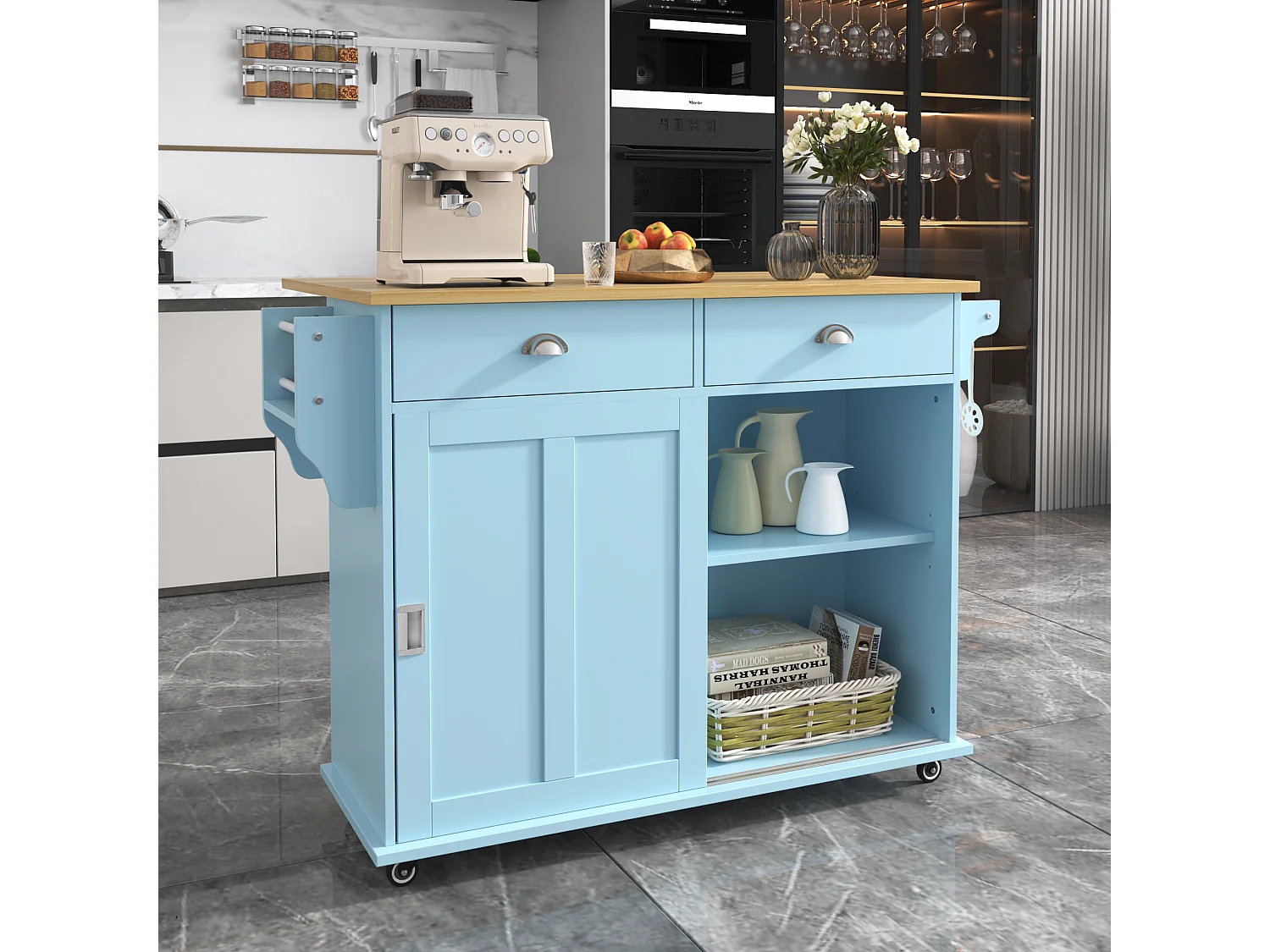 Ilha central móvel de cozinha com 2 portas de correr - tampo extensível - 112x40(70)x94 cm - Madeira MDF + metal - Azul e madeira