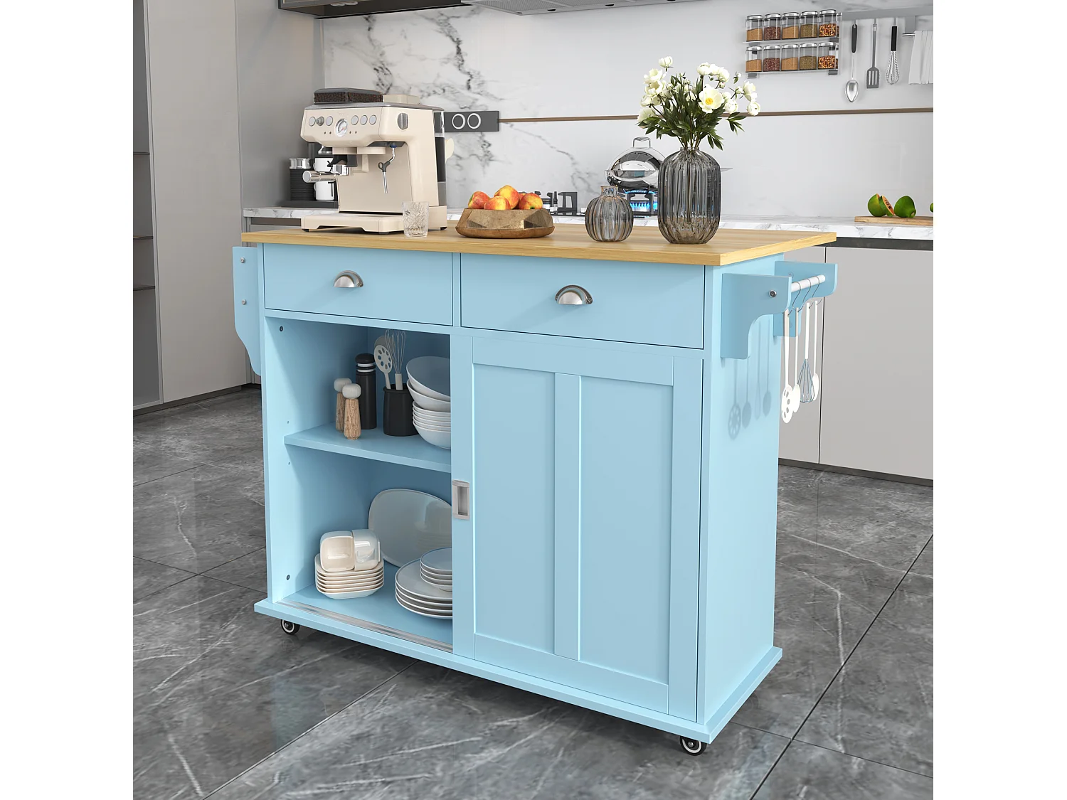 Ilha central móvel de cozinha com 2 portas de correr - tampo extensível - 112x40(70)x94 cm - Madeira MDF + metal - Azul e madeira