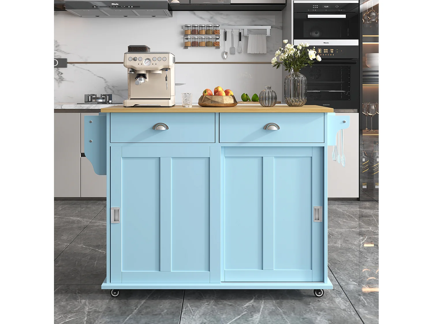 Ilha central móvel de cozinha com 2 portas de correr - tampo extensível - 112x40(70)x94 cm - Madeira MDF + metal - Azul e madeira