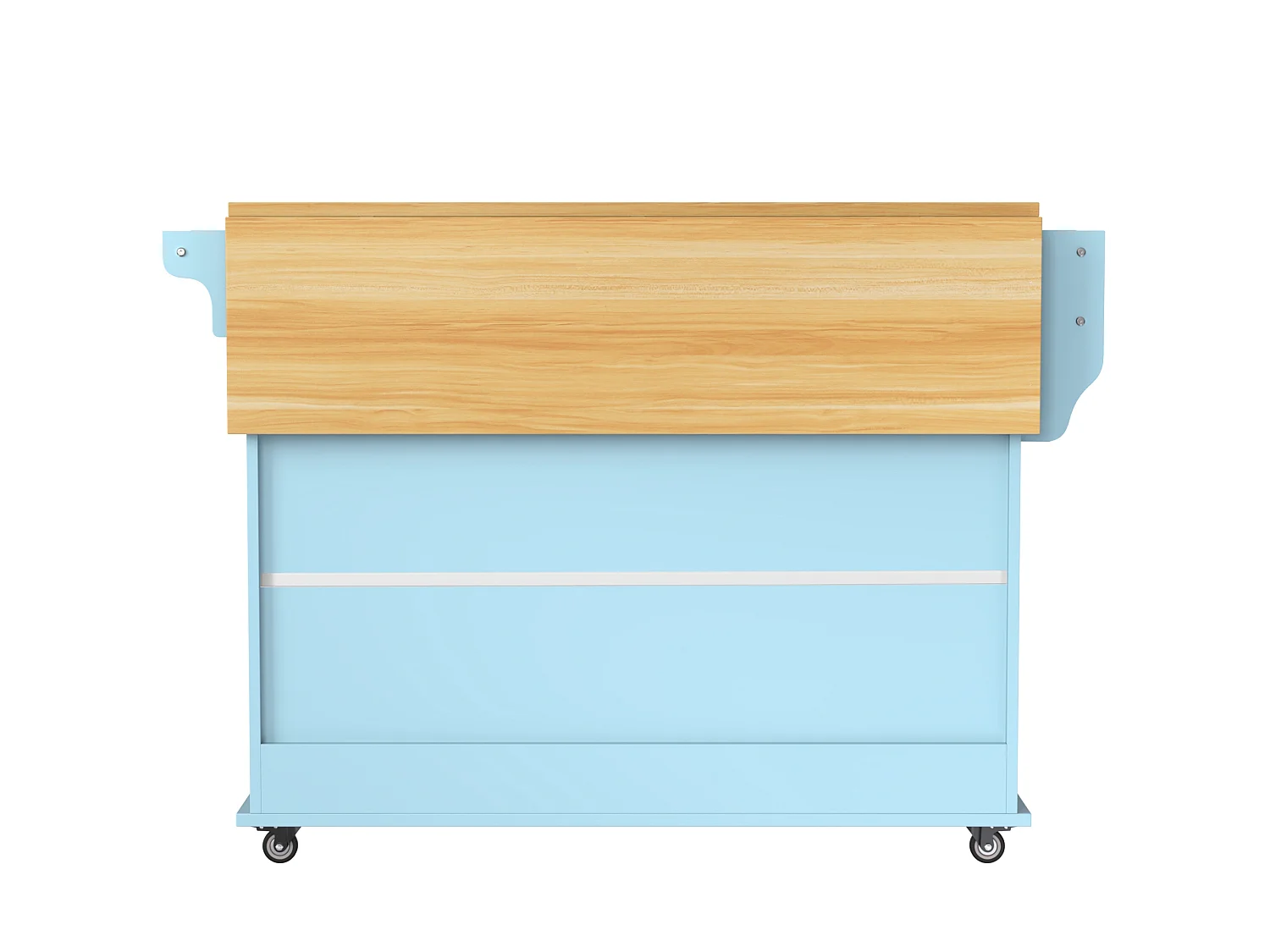 Ilha central móvel de cozinha com 2 portas de correr - tampo extensível - 112x40(70)x94 cm - Madeira MDF + metal - Azul e madeira