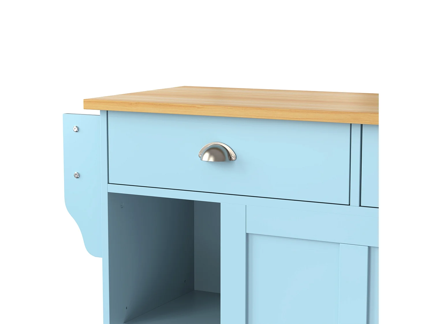 Ilha central móvel de cozinha com 2 portas de correr - tampo extensível - 112x40(70)x94 cm - Madeira MDF + metal - Azul e madeira