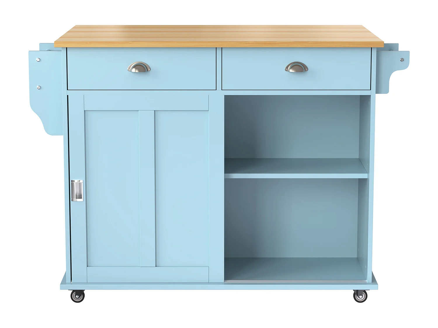 Ilha central móvel de cozinha com 2 portas de correr - tampo extensível - 112x40(70)x94 cm - Madeira MDF + metal - Azul e madeira