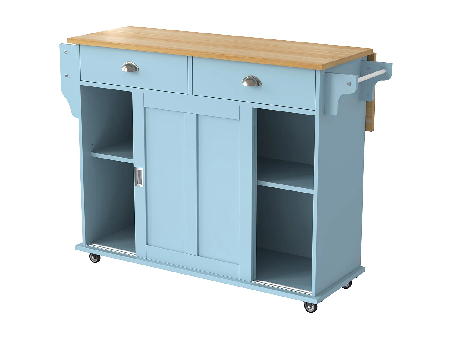 Ilha central móvel de cozinha com 2 portas de correr - tampo extensível - 112x40(70)x94 cm - Madeira MDF + metal - Azul e madeira