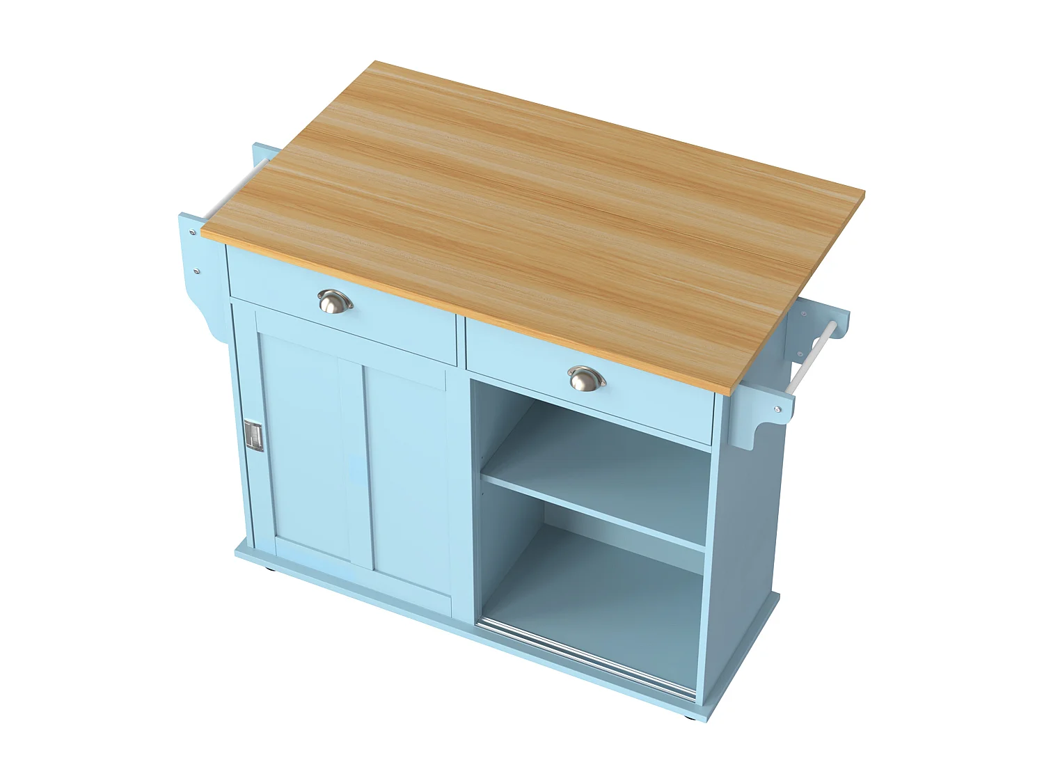 Ilha central móvel de cozinha com 2 portas de correr - tampo extensível - 112x40(70)x94 cm - Madeira MDF + metal - Azul e madeira