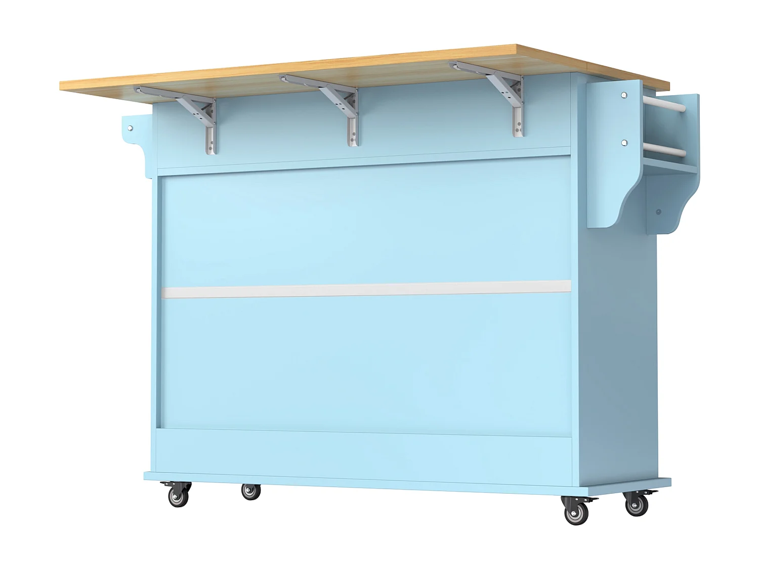 Ilha central móvel de cozinha com 2 portas de correr - tampo extensível - 112x40(70)x94 cm - Madeira MDF + metal - Azul e madeira