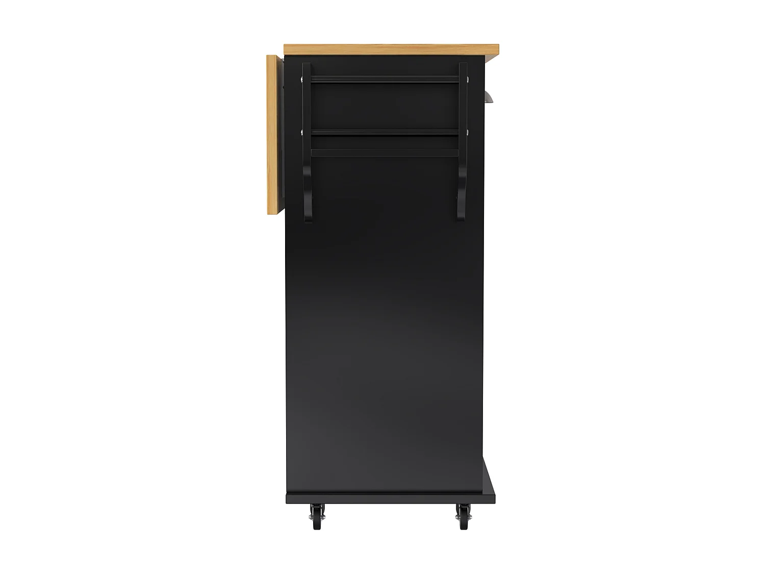 Isla de cocina móvil central con 2 puertas correderas - encimera extensible - 112x40(70)x94 cm - Madera MDF + metal - Negro y madera