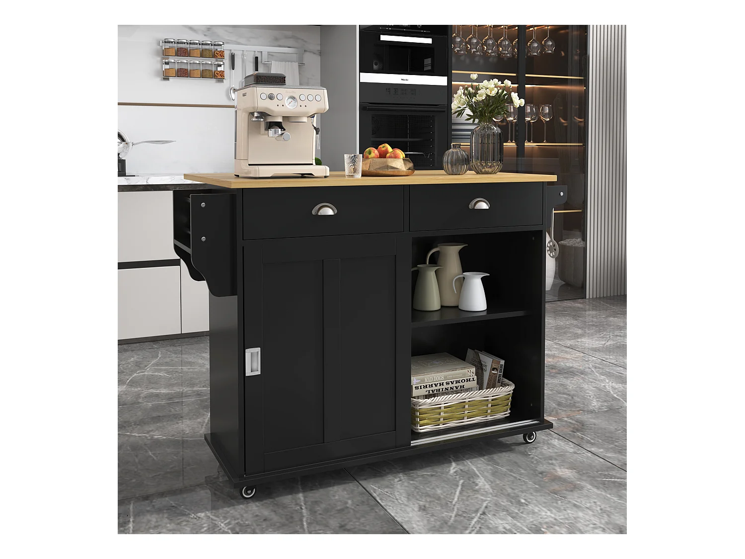 Ilot central de cuisine mobile avec 2 portes coulissantes - plateau extensible - 112x40(70)x94 cm - Bois MDF + métal - Noir et bois