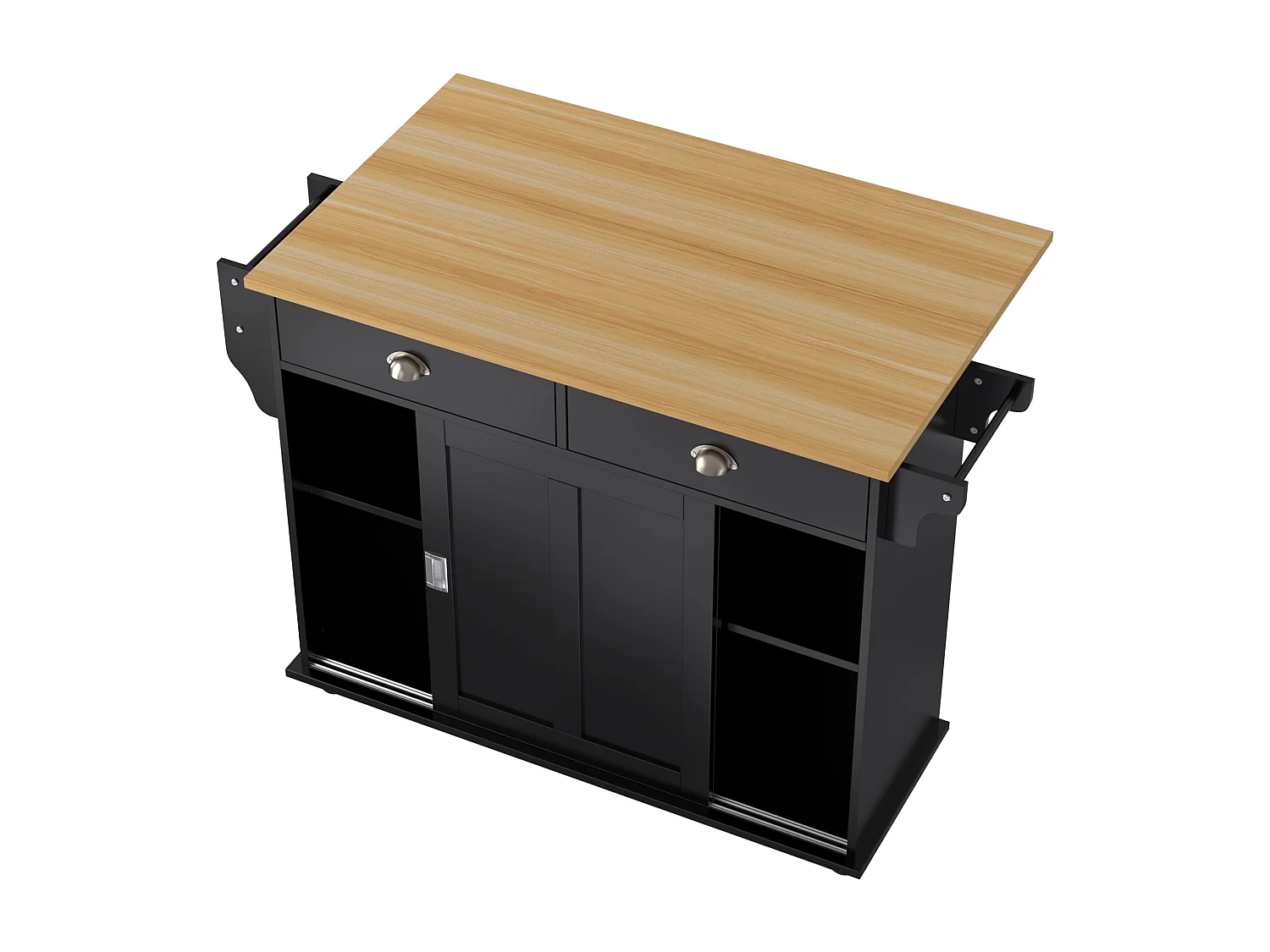 Ilot central de cuisine mobile avec 2 portes coulissantes - plateau extensible - 112x40(70)x94 cm - Bois MDF + métal - Noir et bois