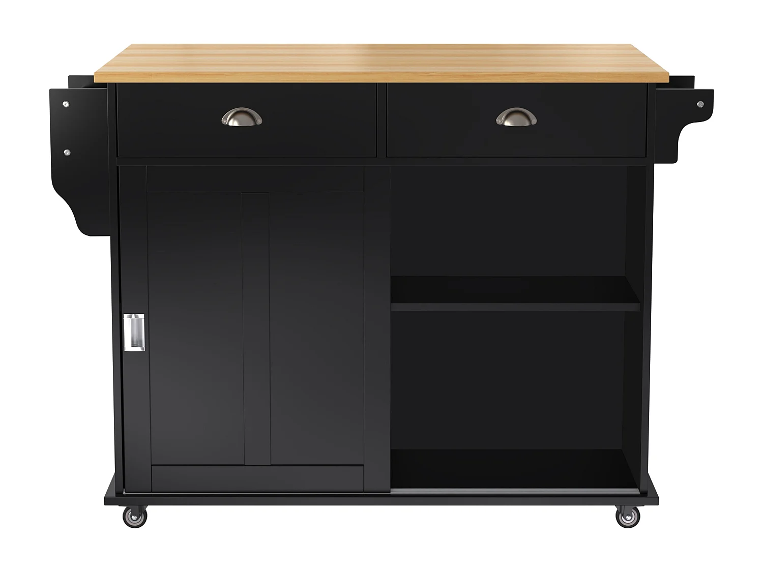 Ilot central de cuisine mobile avec 2 portes coulissantes - plateau extensible - 112x40(70)x94 cm - Bois MDF + métal - Noir et bois