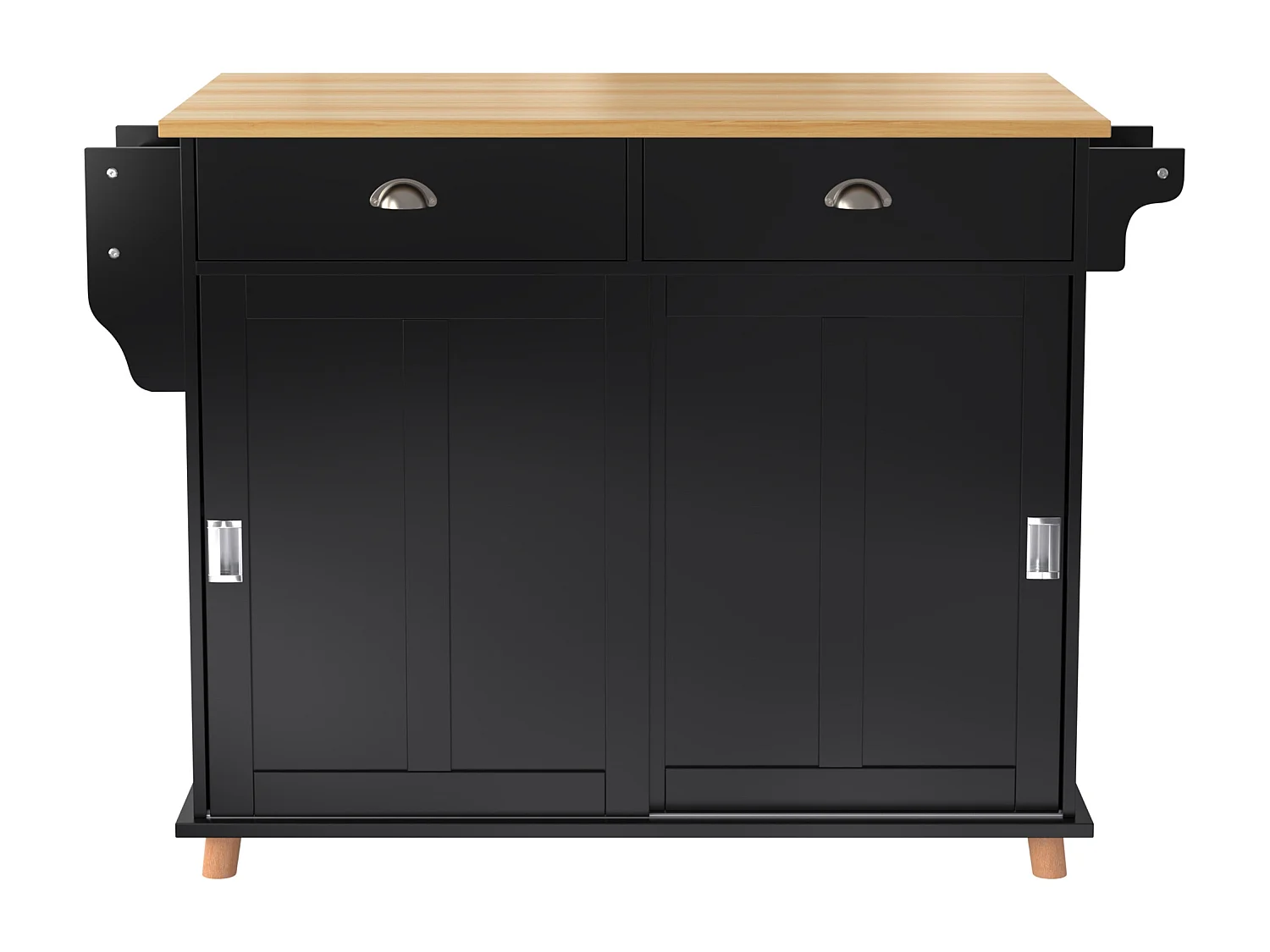 Ilot central de cuisine mobile avec 2 portes coulissantes - plateau extensible - 112x40(70)x94 cm - Bois MDF + métal - Noir et bois